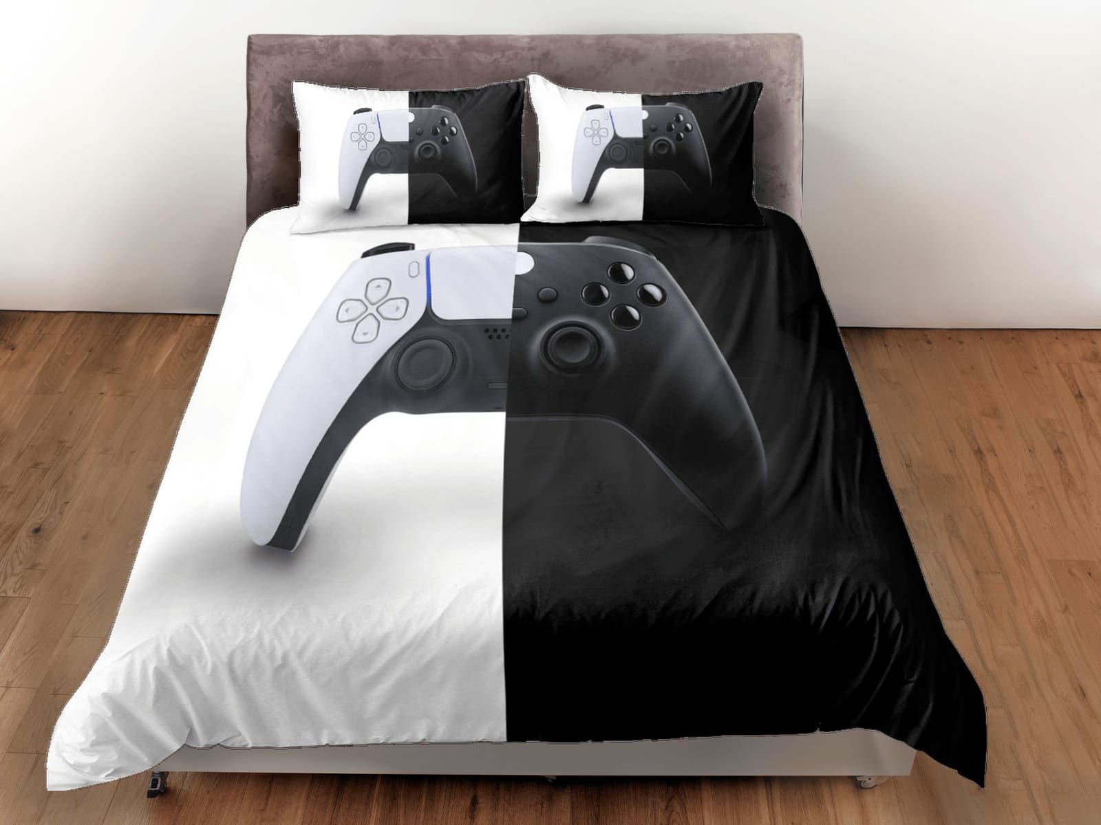 Yin yang gamer bedding black and white duvet cover, video gamer boyfriend gift bedding set full king queen twin, boys bedr…
