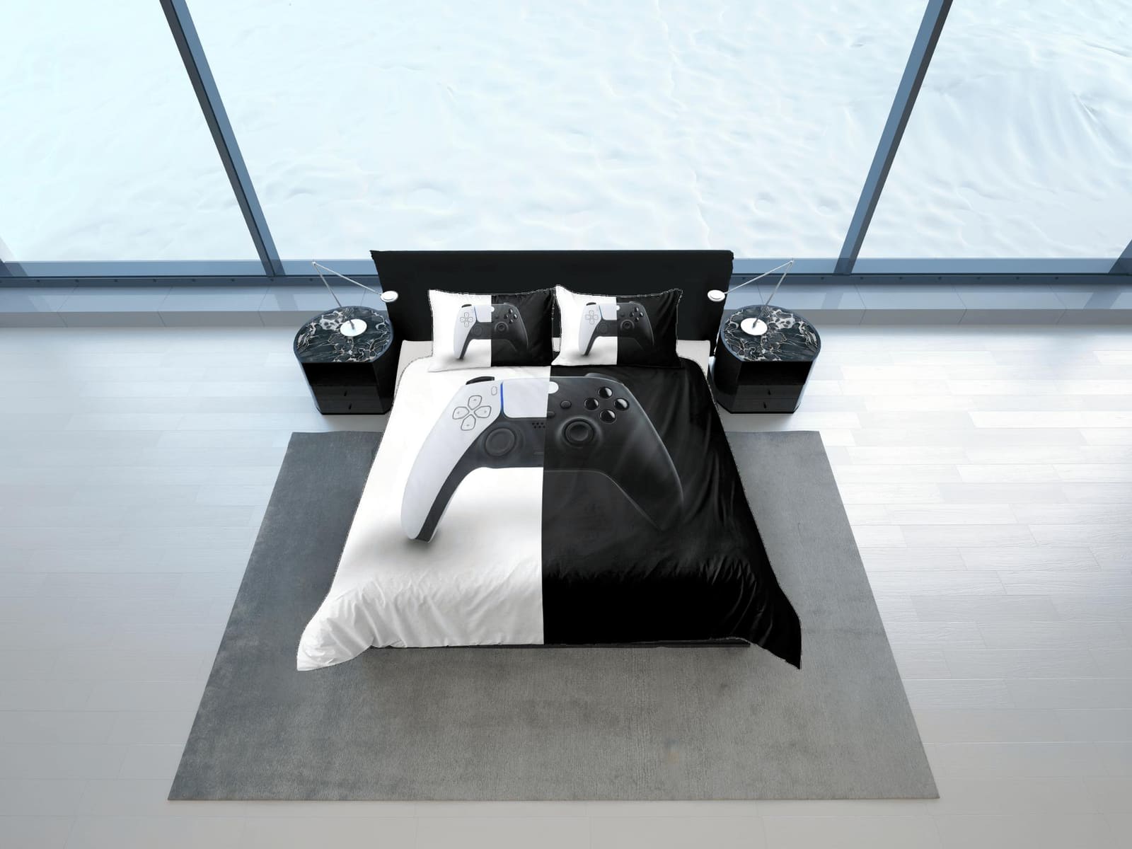 Yin yang gamer bedding black and white duvet cover, video gamer boyfriend gift bedding set full king queen twin, boys bedr…