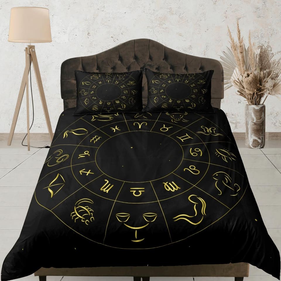 Zodiac signs celestial bedding, witchy decor dorm bedding, aesthetic duvet cover black, boho bedding set full king queen,…