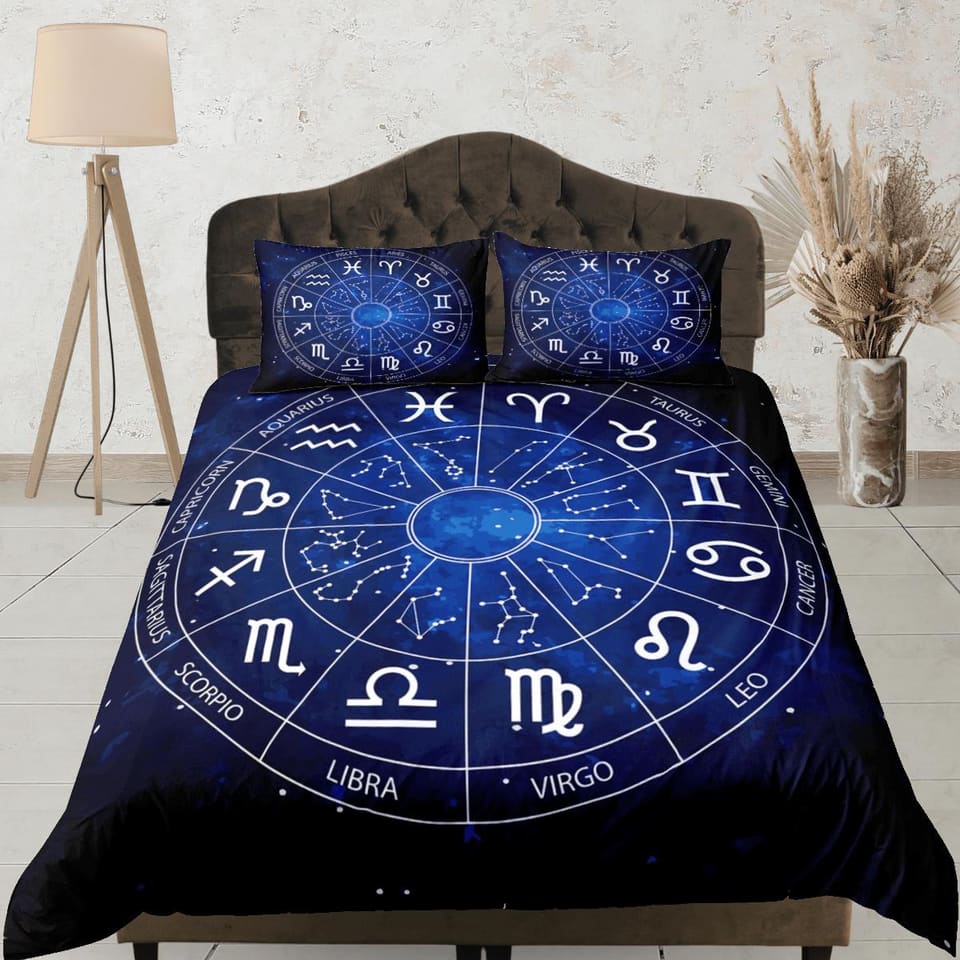 Zodiac signs celestial bedding, witchy decor dorm bedding, aesthetic duvet cover blue, boho bedding set full king queen, a…