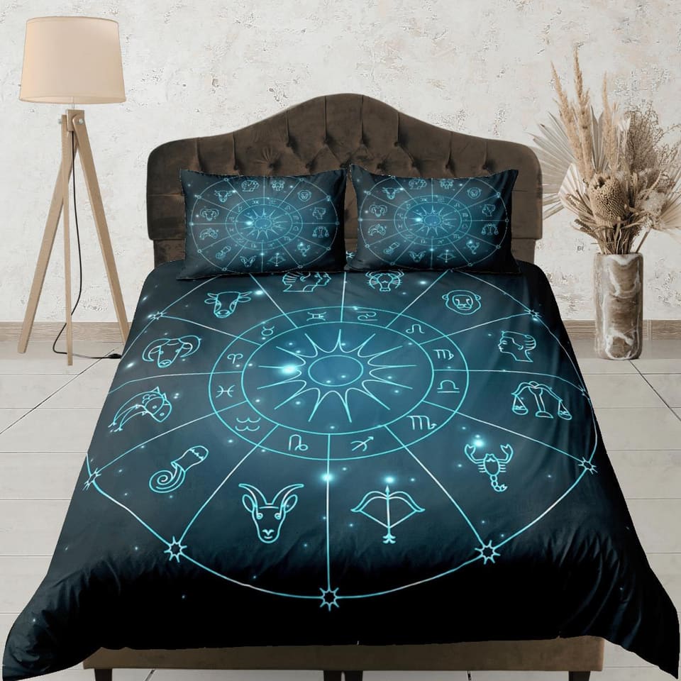 Zodiac signs celestial bedding, witchy decor dorm bedding, aesthetic duvet cover green, boho bedding set full king queen,…