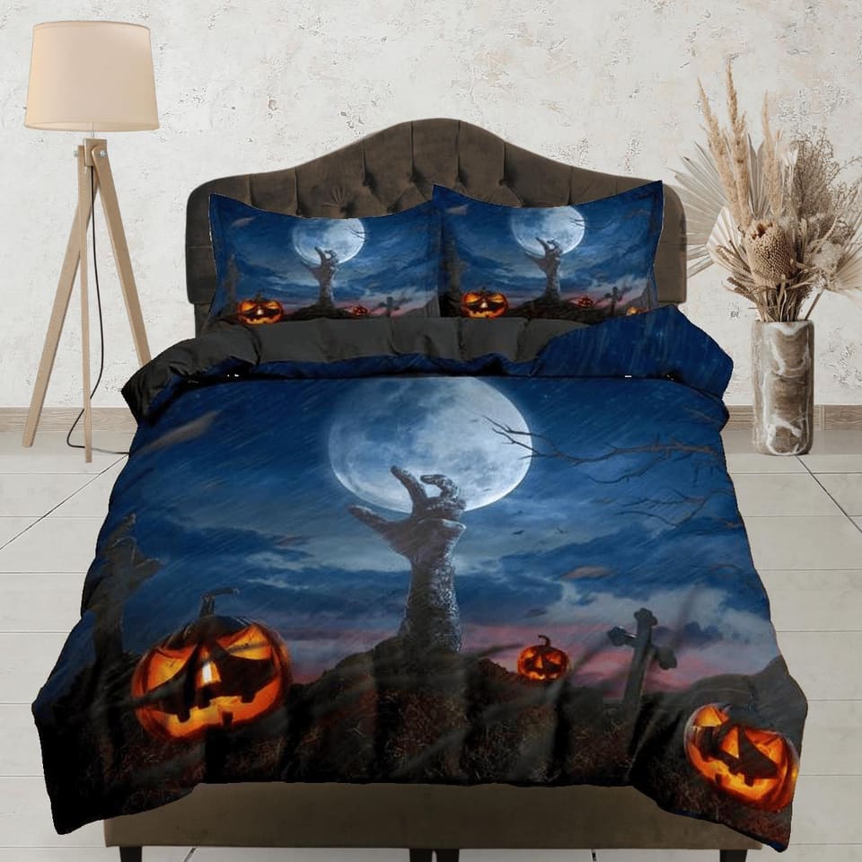 Zombie awakening, pumpkin halloween bedding & pillowcase, gothic duvet cover, dorm bedding, goth decor toddler bedding, ha…