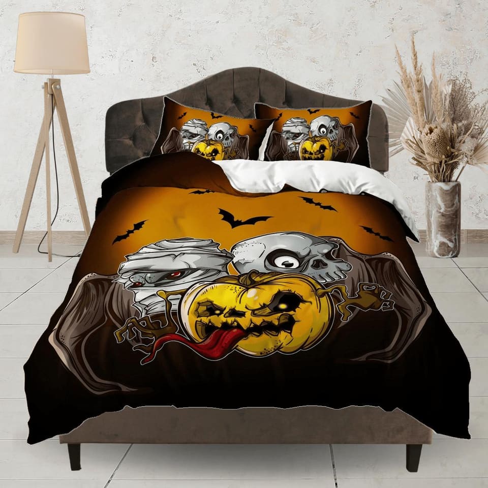 Zombie, mummy and pumpkin halloween bedding & pillowcase, gothic duvet cover, dorm bedding, halloween decor toddler beddin…