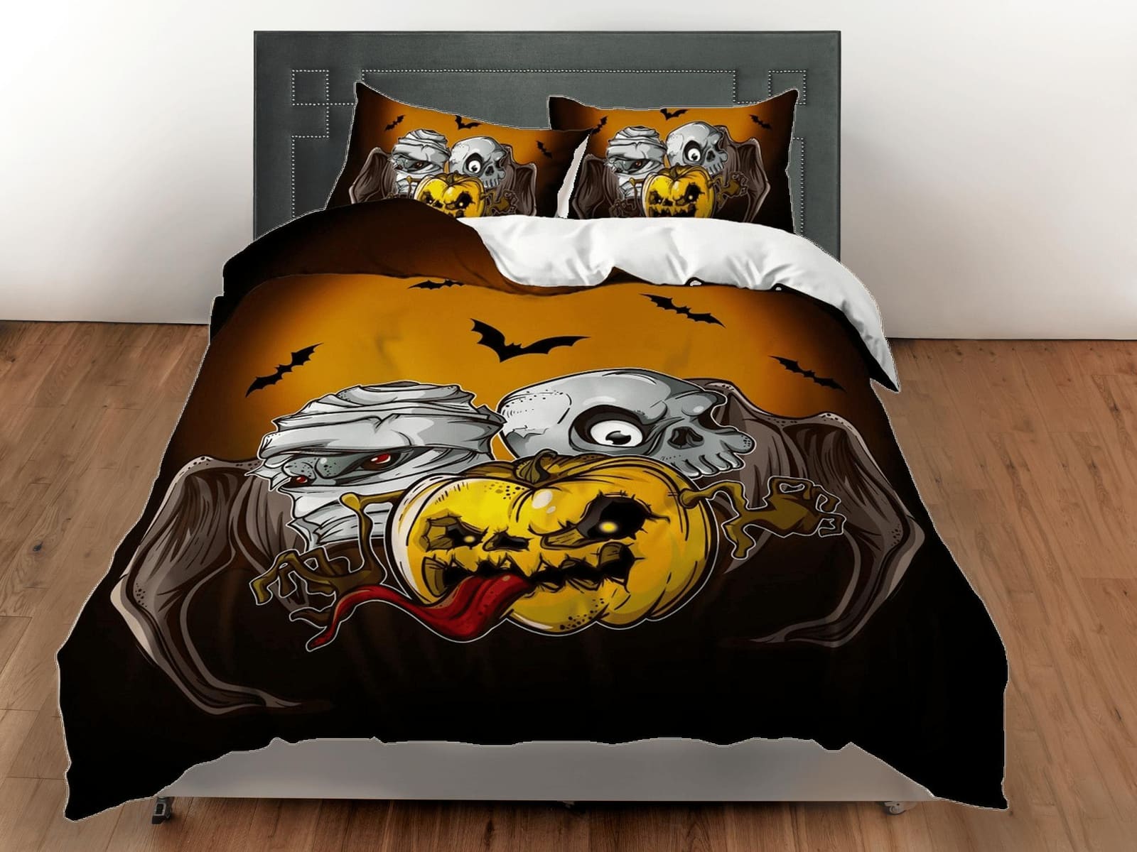Zombie, mummy and pumpkin halloween bedding & pillowcase, gothic duvet cover, dorm bedding, halloween decor toddler beddin…