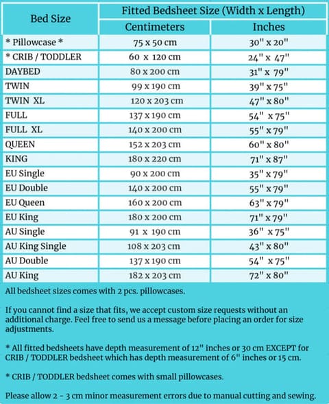 size guide of daintyduvet fitted bedding sheet