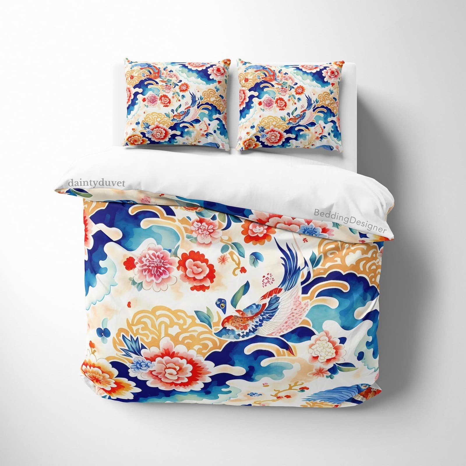 Koi Fish Duvet Cover Chrysanthemum Quilt Cover, Japanese Art Bedding Set Colorful Blanket Cover, Adults Room Bedspread Ret…