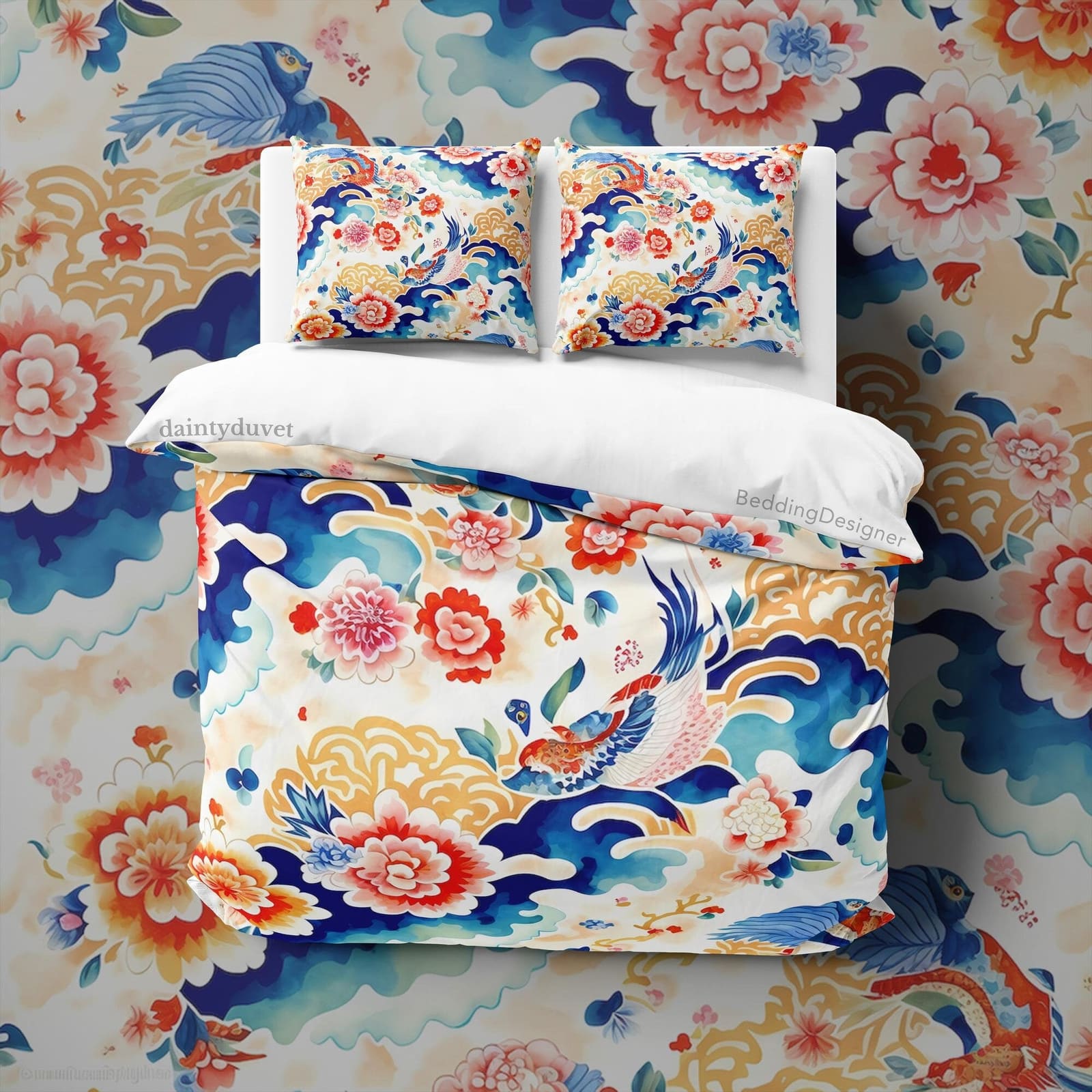Koi Fish Duvet Cover Chrysanthemum Quilt Cover, Japanese Art Bedding Set Colorful Blanket Cover, Adults Room Bedspread Ret…
