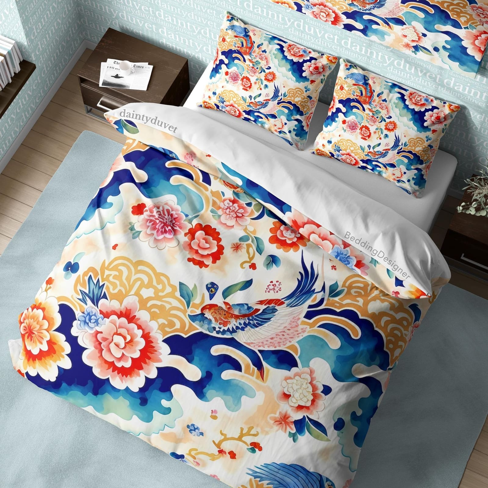 Koi Fish Duvet Cover Chrysanthemum Quilt Cover, Japanese Art Bedding Set Colorful Blanket Cover, Adults Room Bedspread Ret…