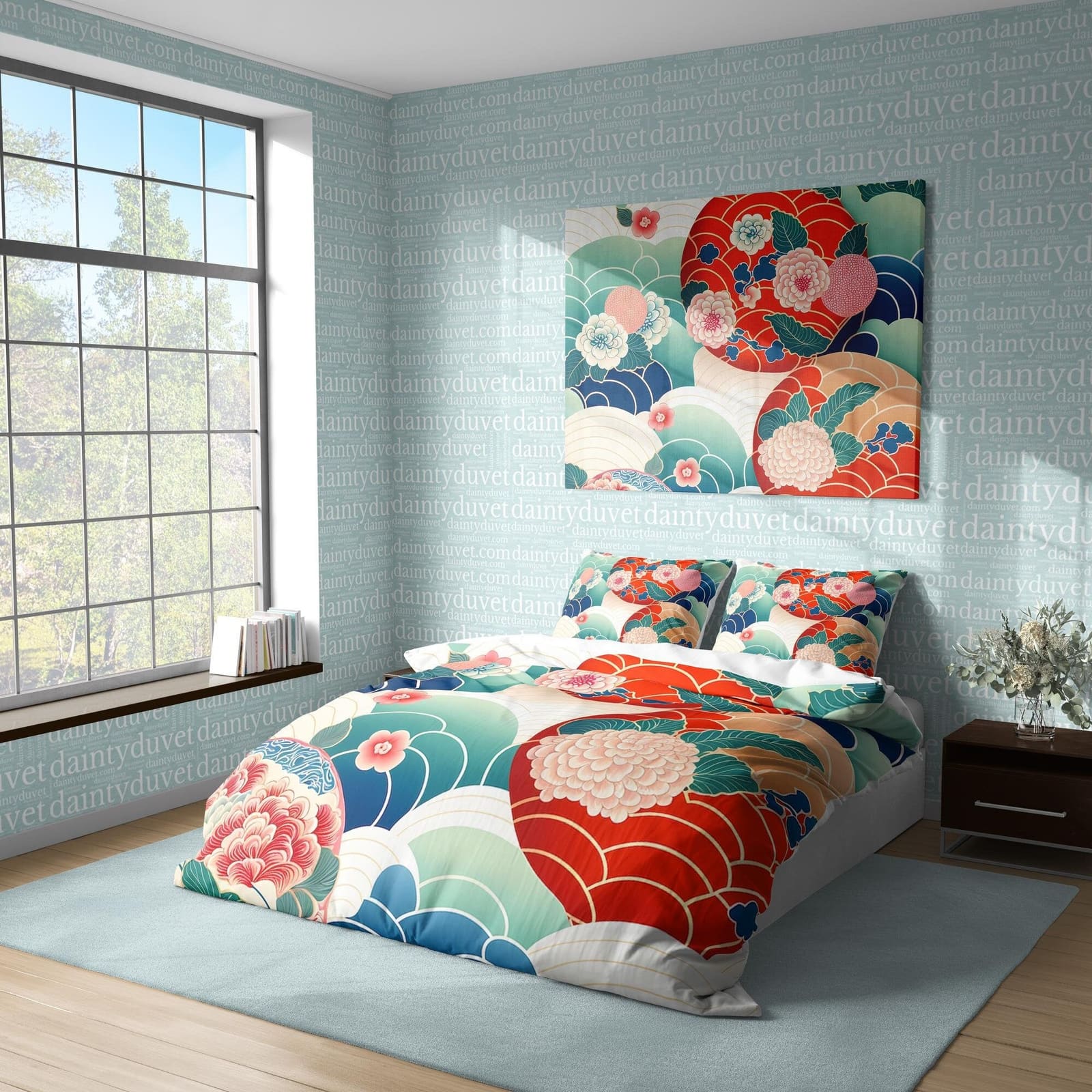 Chrysanthemum duvet cover set styled on a bed