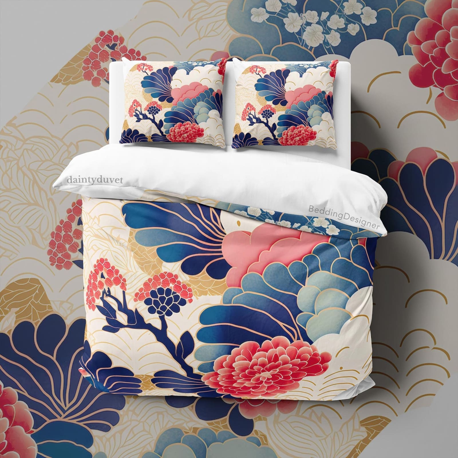 Red Dahlia Duvet Cover Oriental Pattern Quilt Cover, Floral Bedding Set Plant Lover Room Blanket Cover, Girls Bedroom Bed…