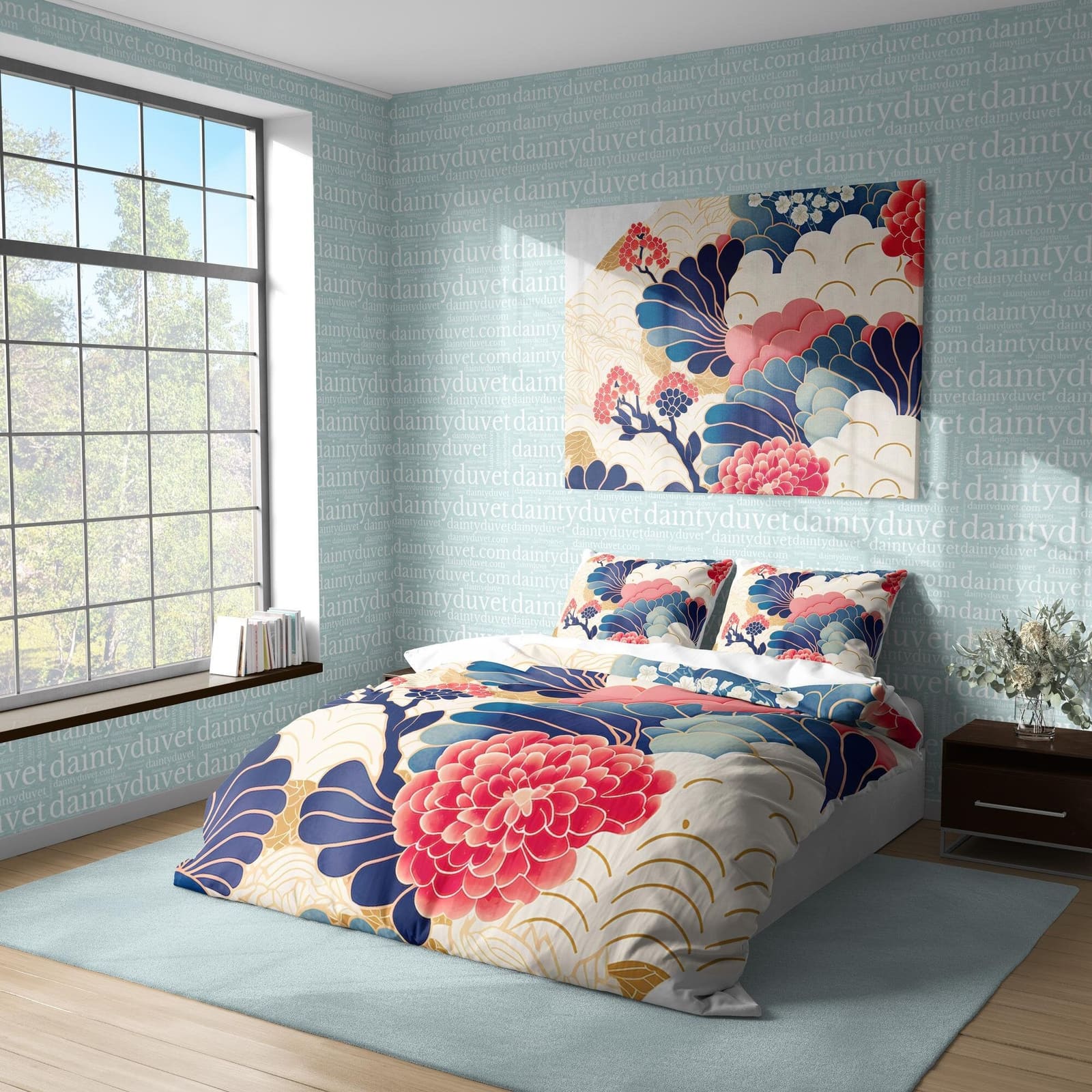 Red Dahlia Duvet Cover Oriental Pattern Quilt Cover, Floral Bedding Set Plant Lover Room Blanket Cover, Girls Bedroom Bed…