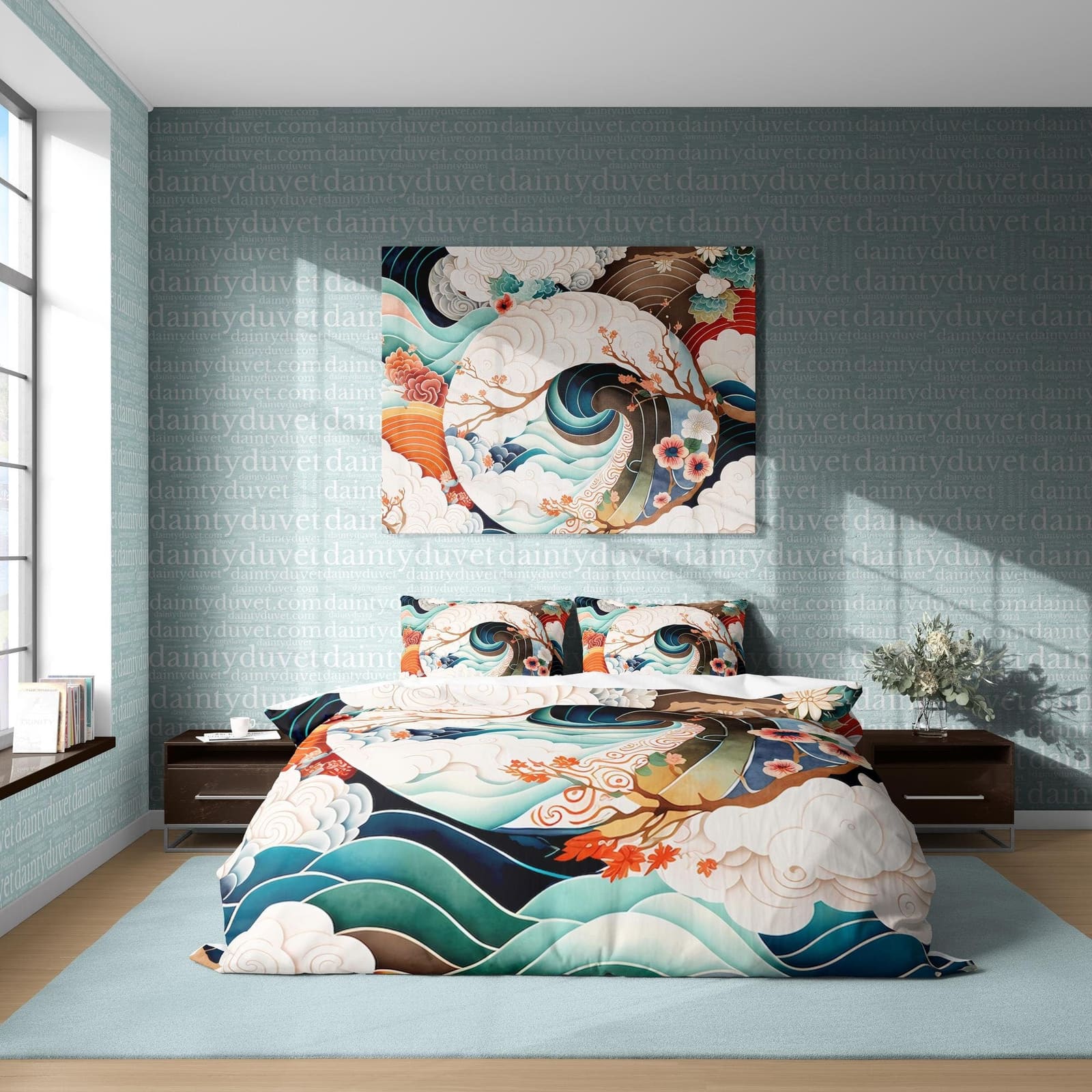Great Wave Duvet Cover Japanese Pattern Quilt Cover, Cherry Blossom Bedding Set Oriental Pattern Blanket Cover, Girly Bedr…