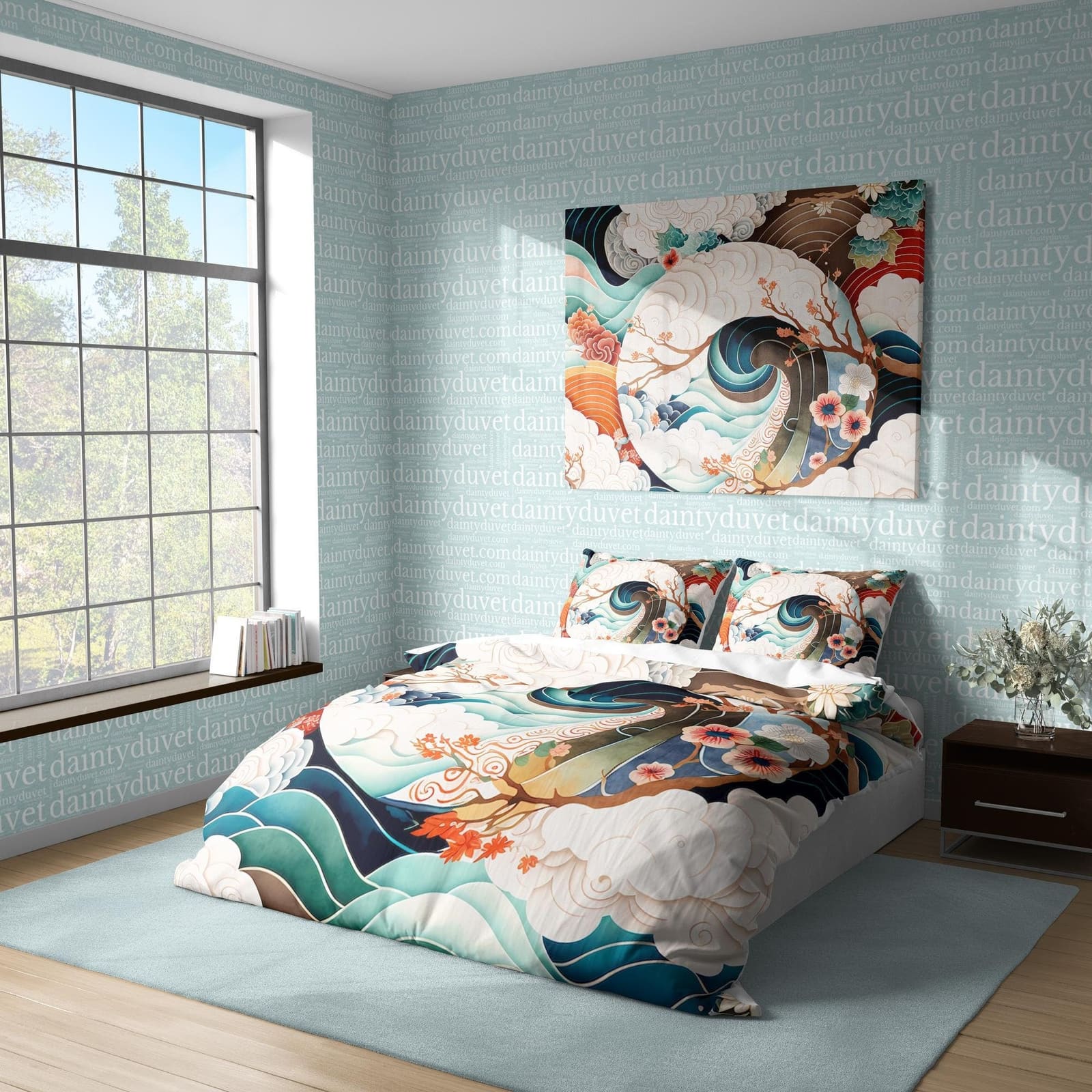 Great Wave Duvet Cover Japanese Pattern Quilt Cover, Cherry Blossom Bedding Set Oriental Pattern Blanket Cover, Girly Bedr…