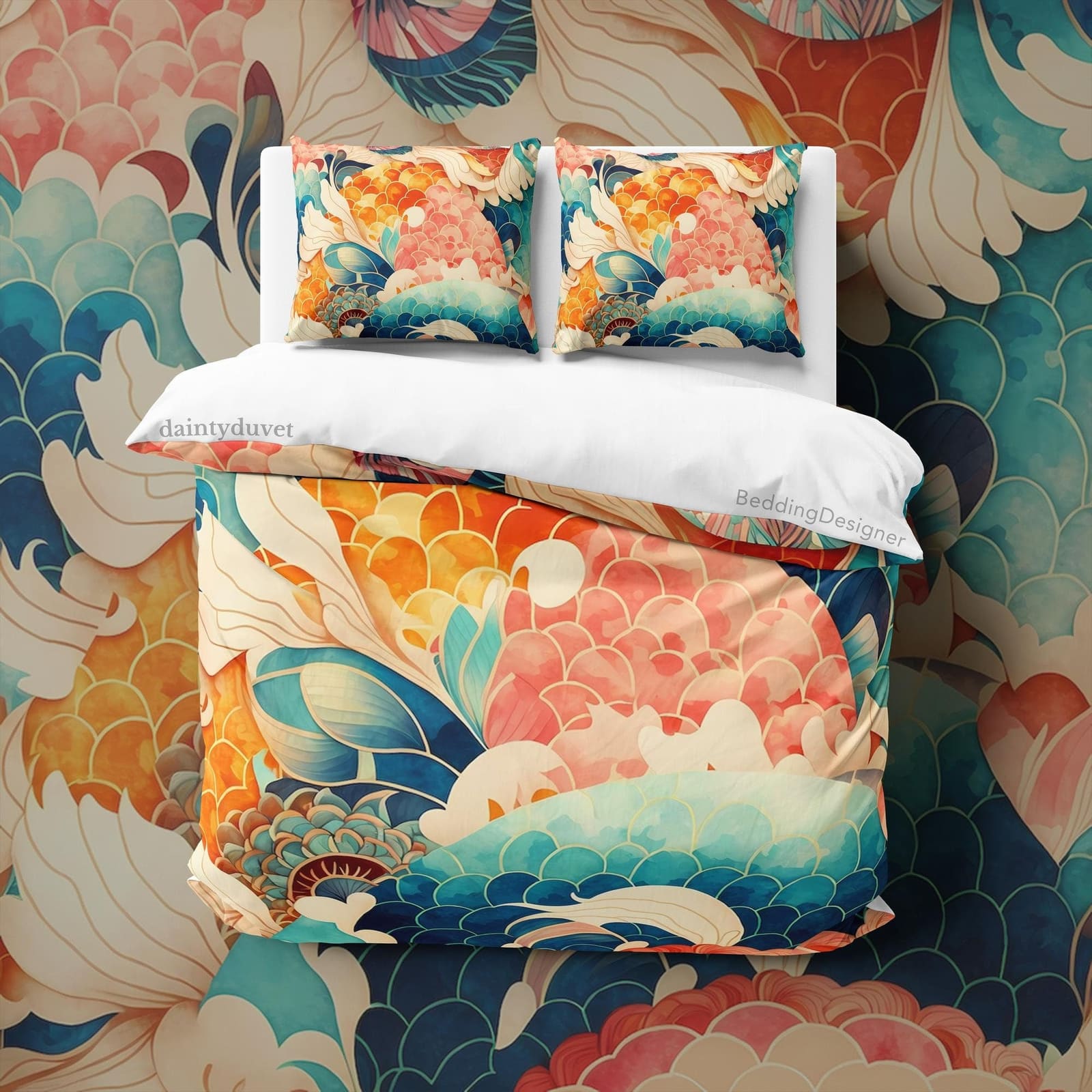 Colorful Fish Scale Quilt Cover Japanese Bedding Set, Cotton Duvet Cover Oriental Pattern Bedspread, Adults Bedroom Blanke…