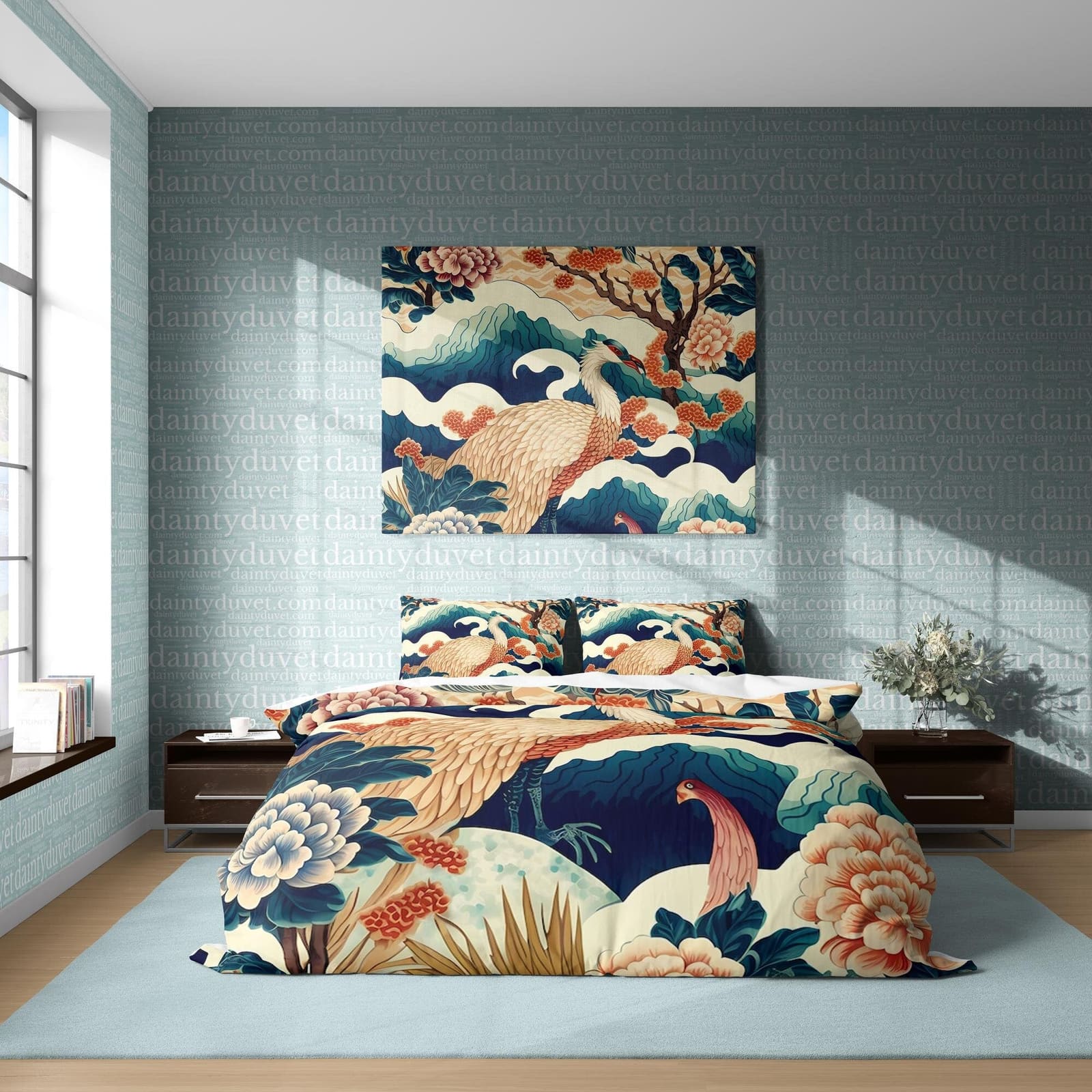 Legendary Bird Duvet Cover Japanese Quilt Cover, Basan Bedding Set Mythical Creature Blanket Cover, Colorful Bedspread Wav…