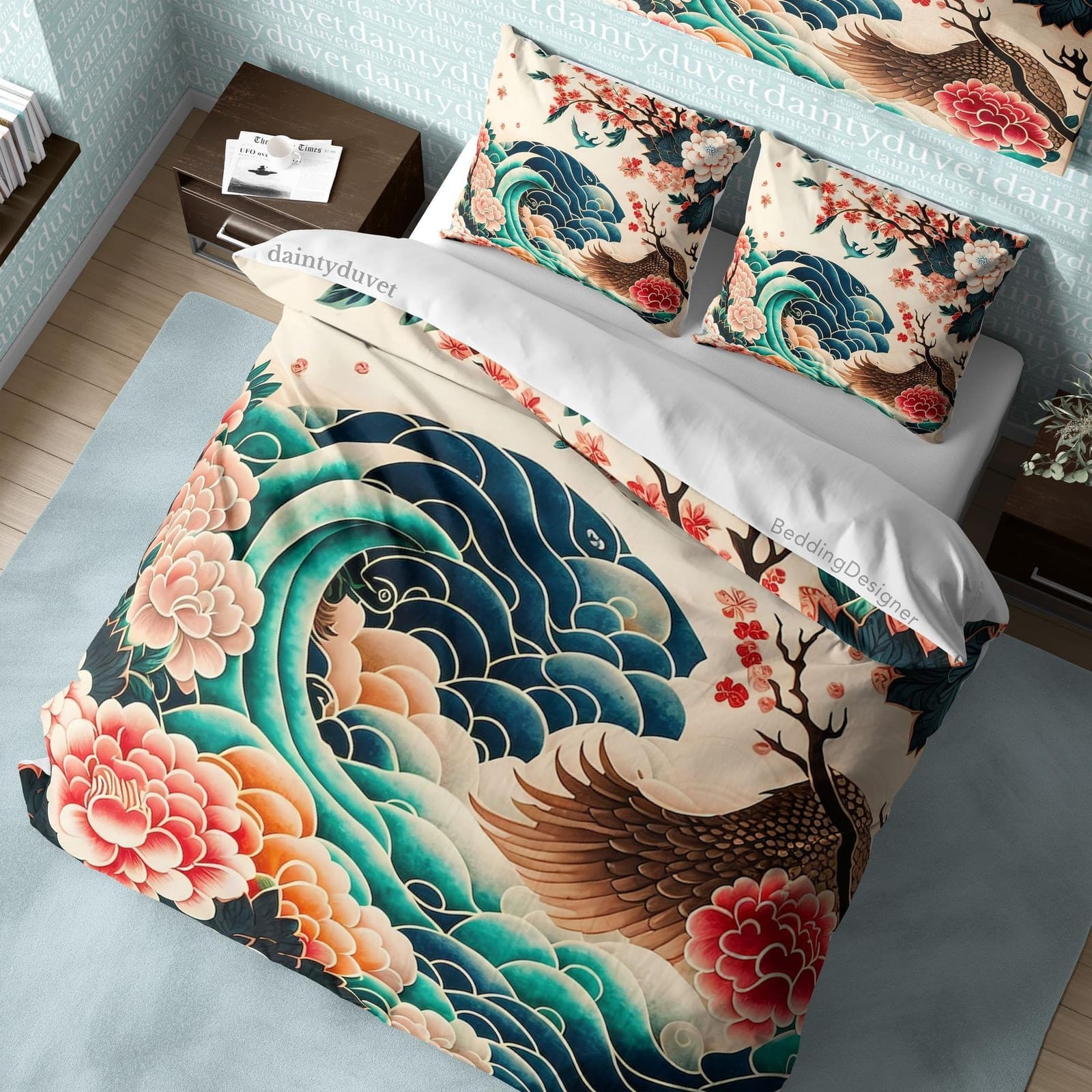 Bird Wing Duvet Cover Great Wave Quilt Cover, Japanese Art Bedding Set Camellia Blanket Cover, Floral Bedspread Girls Room…
