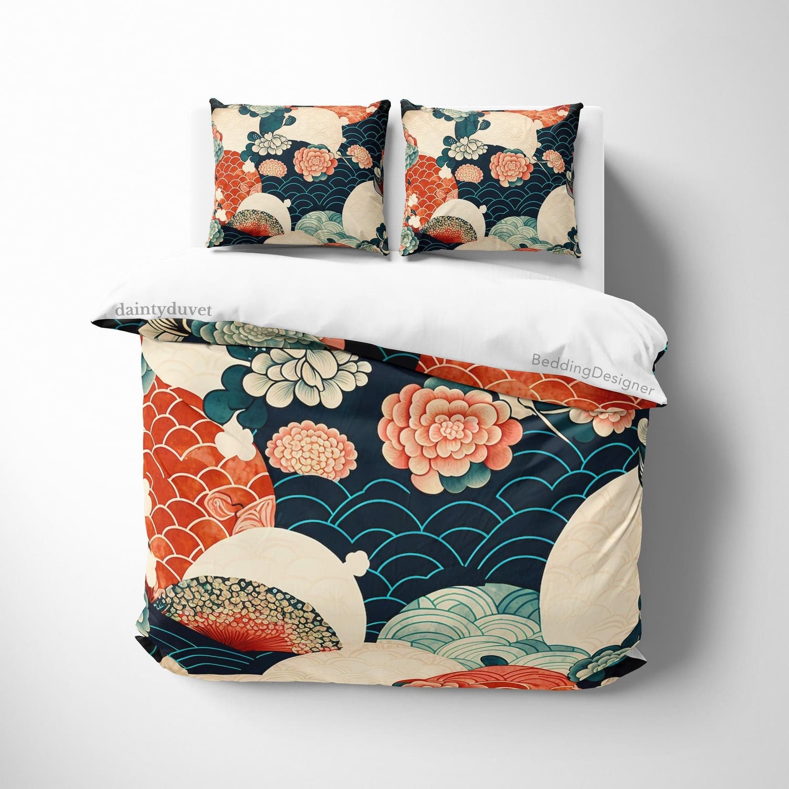 Wavy Duvet Cover Oriental Pattern Quilt Cover, Japanese Pattern Bedding Set Chrysanthemum Blanket Cover, Girly Bedroom Bed…