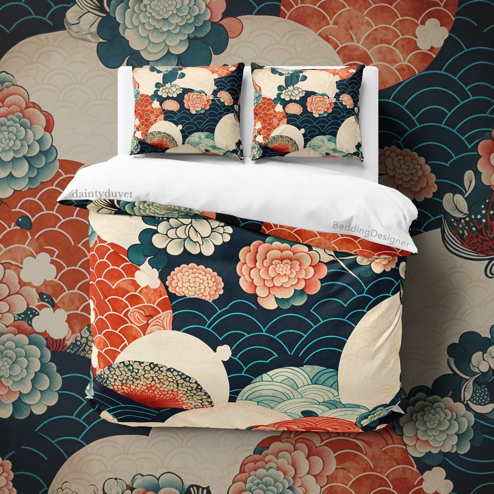 Wavy Duvet Cover Oriental Pattern Quilt Cover, Japanese Pattern Bedding Set Chrysanthemum Blanket Cover, Girly Bedroom Bed…