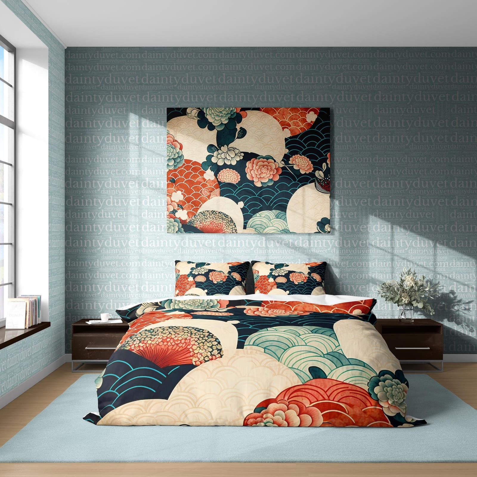 Wavy Duvet Cover Oriental Pattern Quilt Cover, Japanese Pattern Bedding Set Chrysanthemum Blanket Cover, Girly Bedroom Bed…