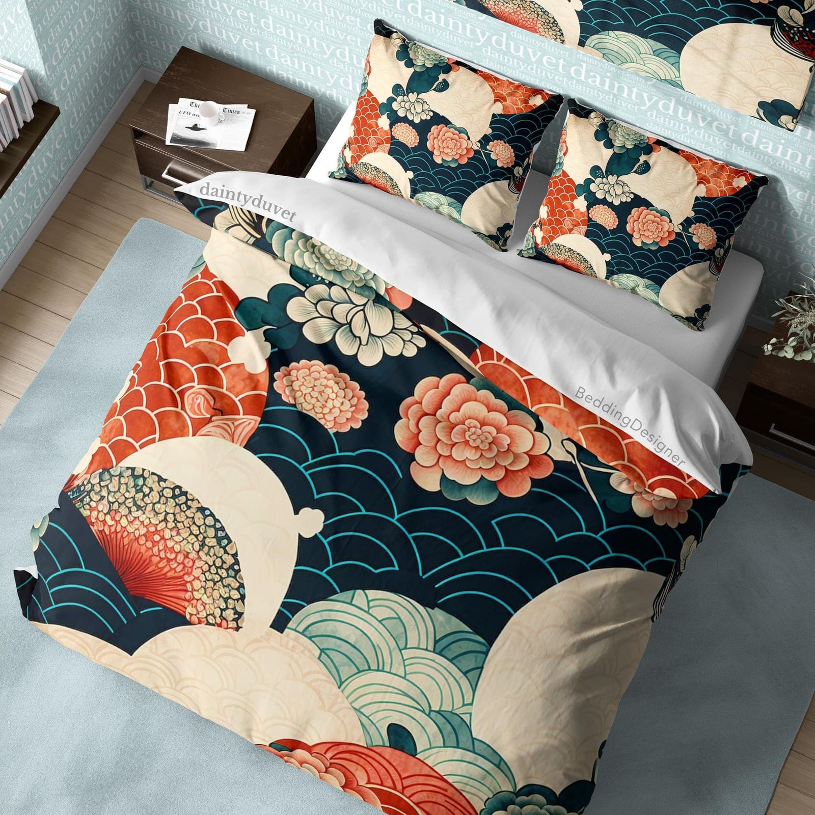 Wavy Duvet Cover Oriental Pattern Quilt Cover, Japanese Pattern Bedding Set Chrysanthemum Blanket Cover, Girly Bedroom Bed…