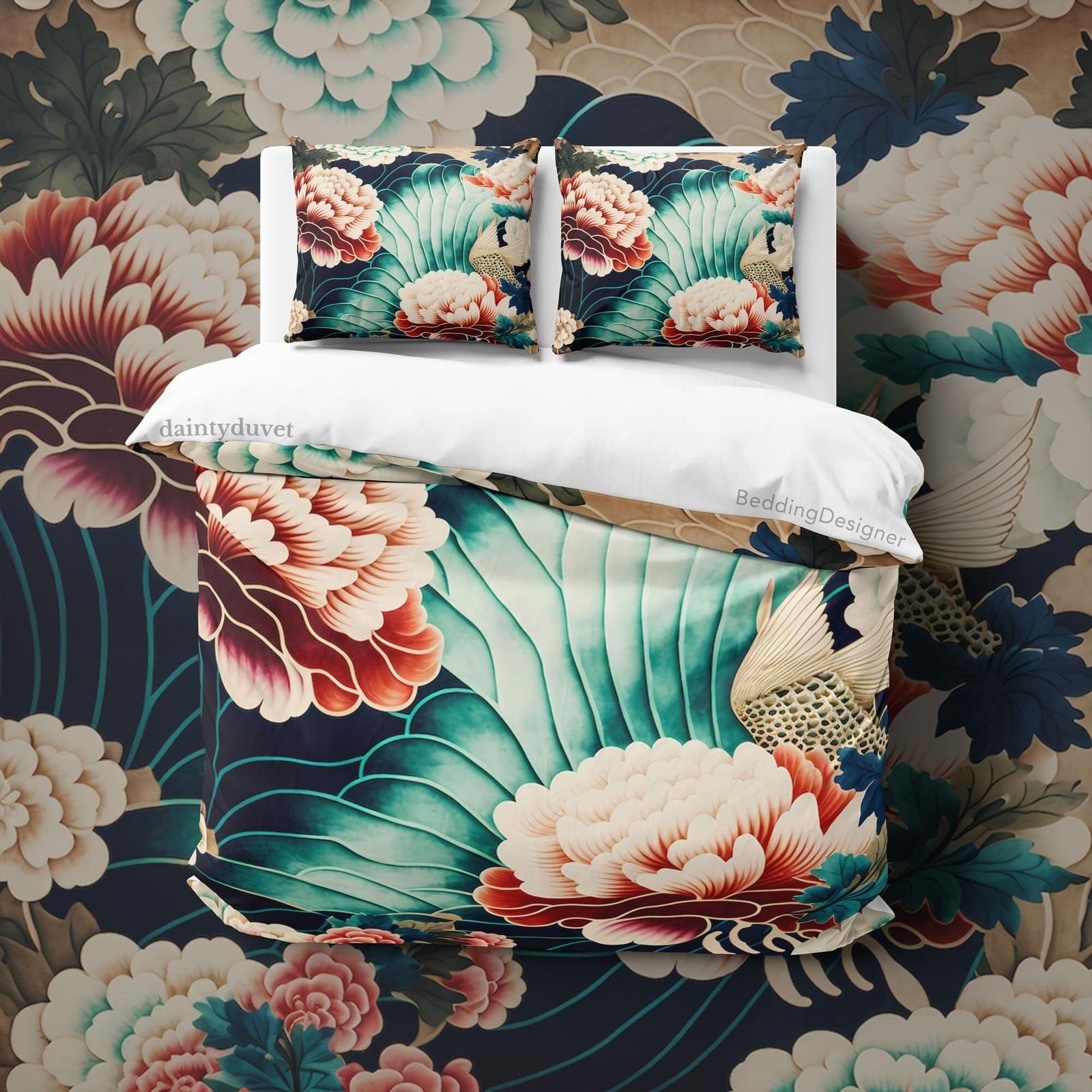 Japanese Flower Duvet Cover Pink Chrysanthemum Quilt Cover, Oriental Pattern Bedding Set Green Blanket Cover, Japanese Art…