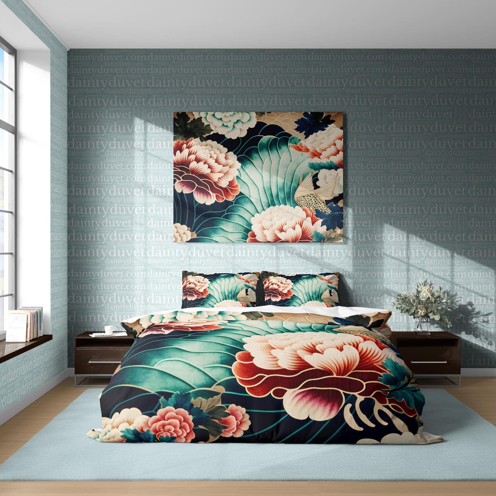 Japanese Flower Duvet Cover Pink Chrysanthemum Quilt Cover, Oriental Pattern Bedding Set Green Blanket Cover, Japanese Art…