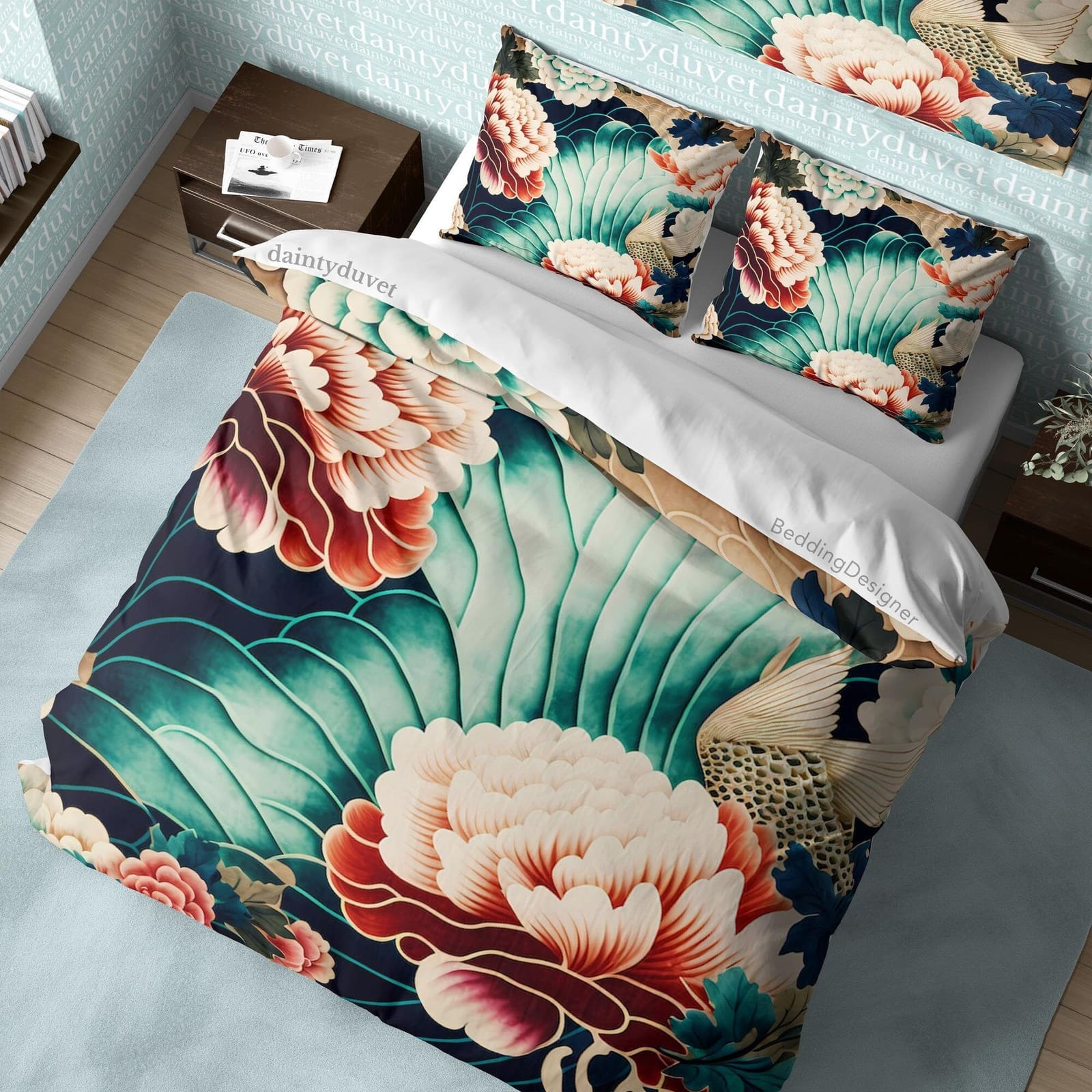 Japanese Flower Duvet Cover Pink Chrysanthemum Quilt Cover, Oriental Pattern Bedding Set Green Blanket Cover, Japanese Art…