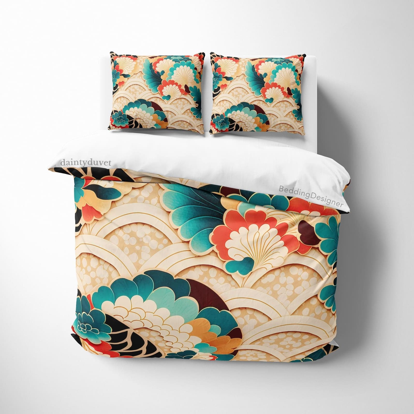 Koi Fish Scale Duvet Cover Japanese Pattern Quilt Cover, Colorful Bedding Set Beige Bedspread Girly Room Blanket Cover, Re…