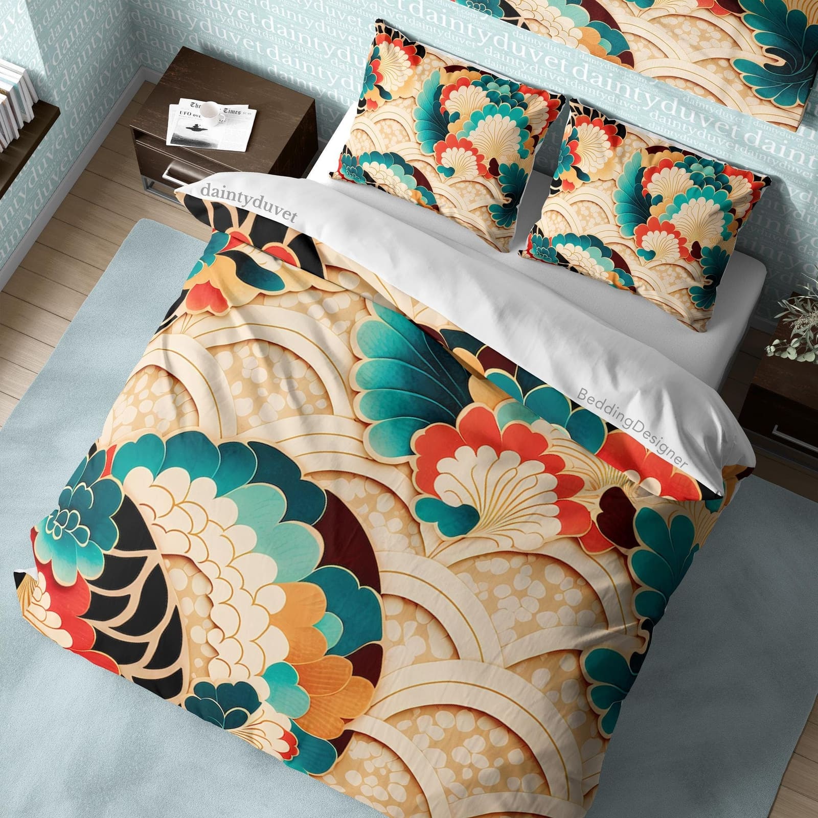 Koi Fish Scale Duvet Cover Japanese Pattern Quilt Cover, Colorful Bedding Set Beige Bedspread Girly Room Blanket Cover, Re…