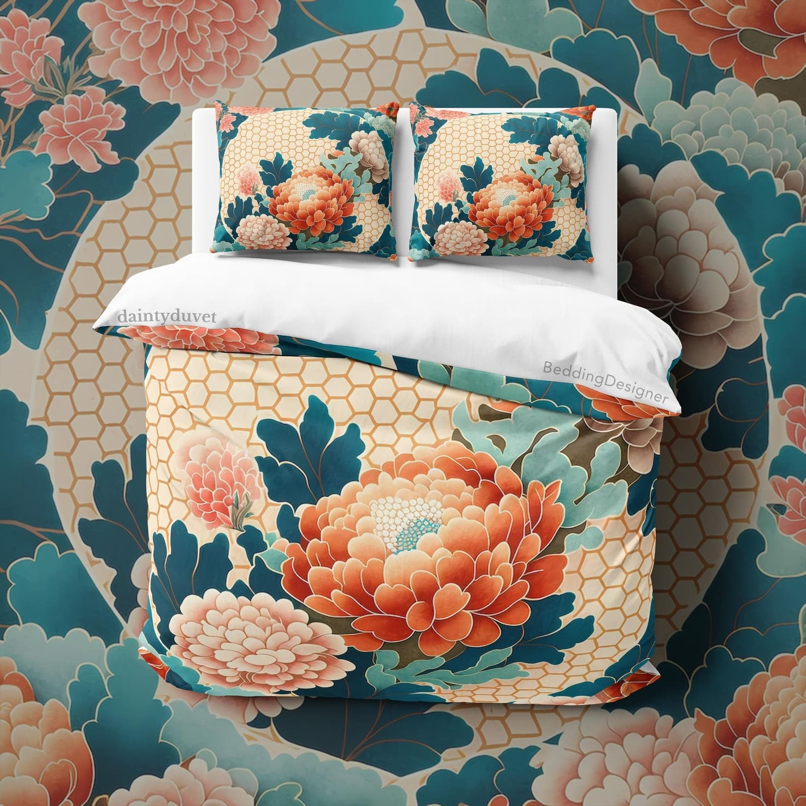 Blossoming Flower Duvet Cover Vibrant Red Floral Quilt Cover, Japanese Pattern Bedding Set Chrysanthemum Blanket Cover, Gi…
