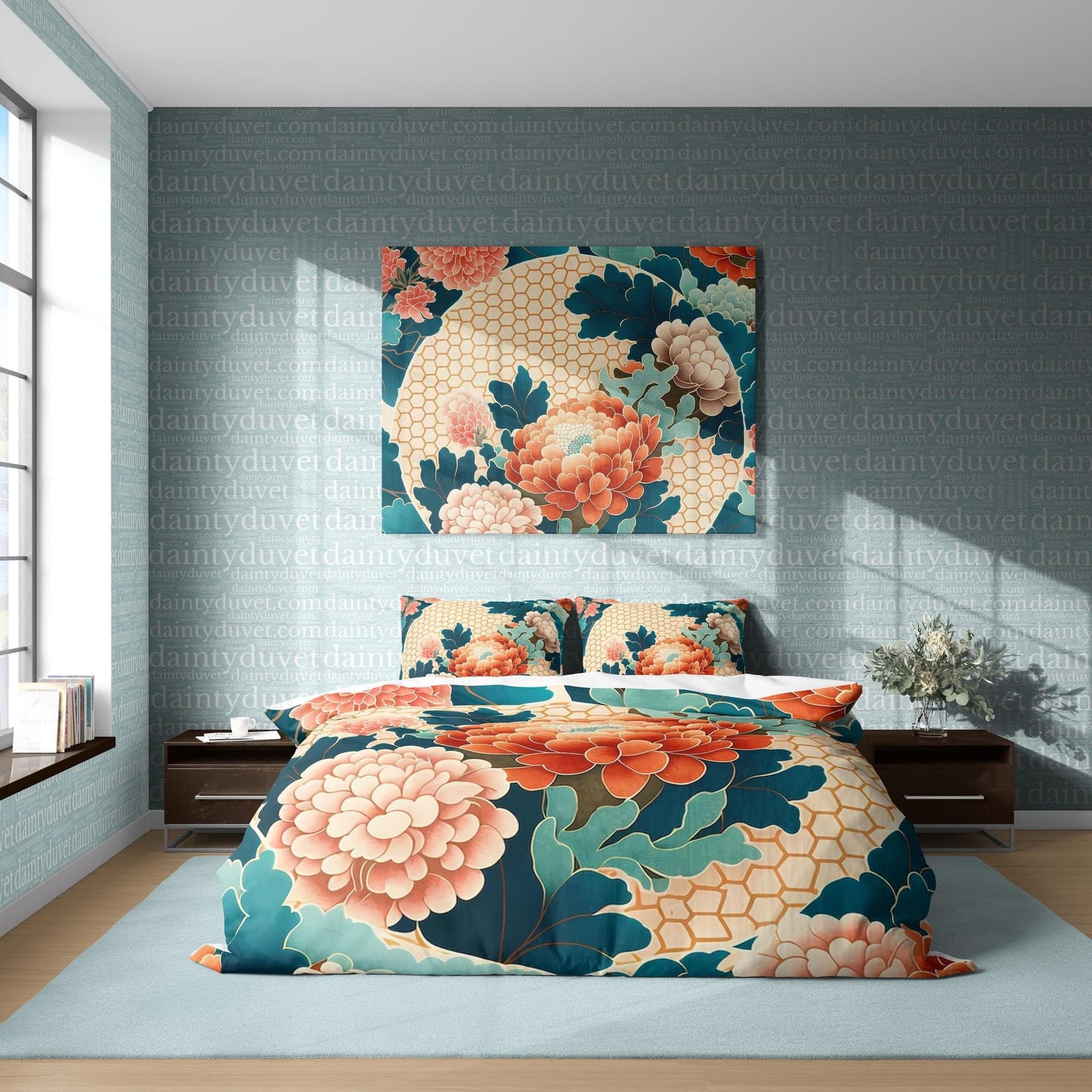 Blossoming Flower Duvet Cover Vibrant Red Floral Quilt Cover, Japanese Pattern Bedding Set Chrysanthemum Blanket Cover, Gi…