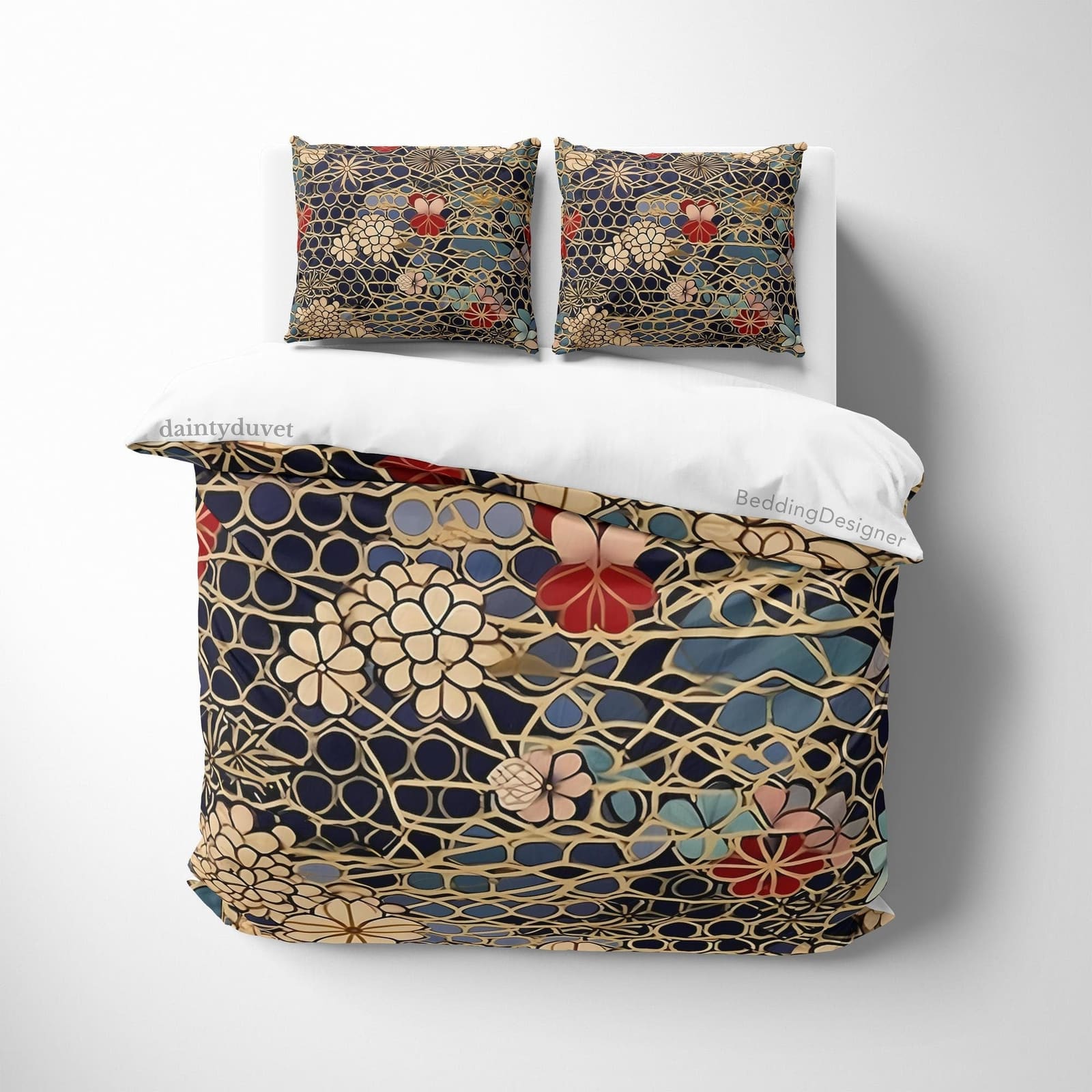 Golden Flower Duvet Cover Japanese Pattern Quilt Cover, Cherry Blossom Bedding Set Adults Bedroom Bedspread, Retro Blanket…