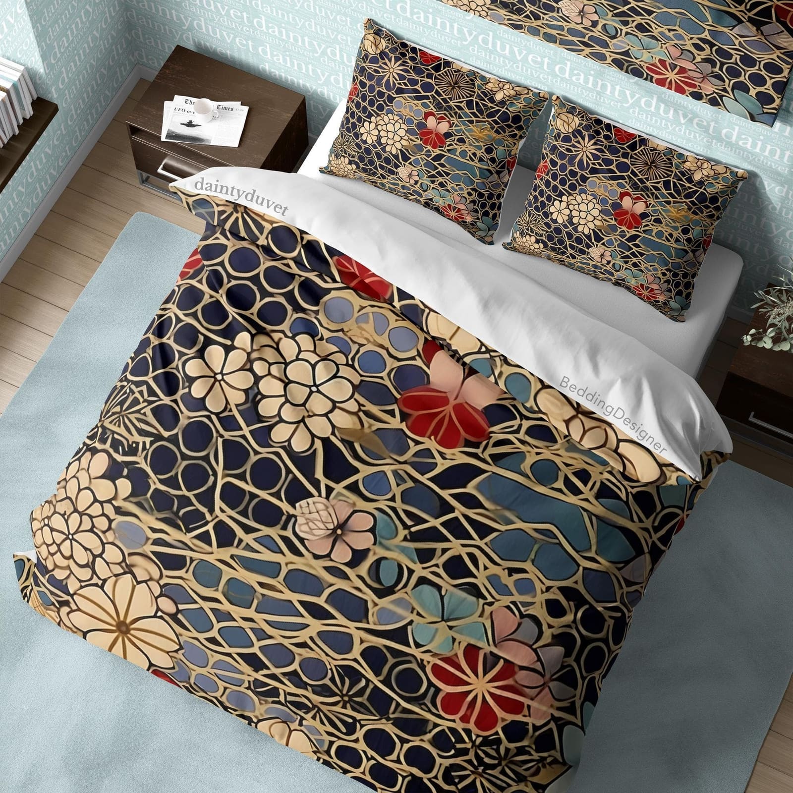 Golden Flower Duvet Cover Japanese Pattern Quilt Cover, Cherry Blossom Bedding Set Adults Bedroom Bedspread, Retro Blanket…