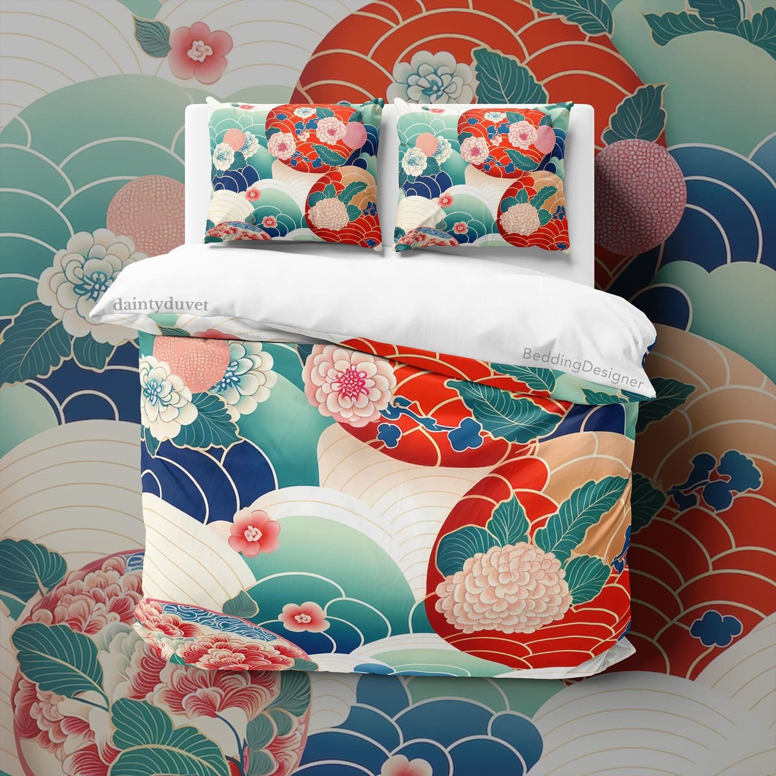 Chrysanthemum Duvet Cover Vibrant Color Quilt Cover, Colorful Bedspread Japanese Pattern Bedding Set, Oriental Pattern Bed…