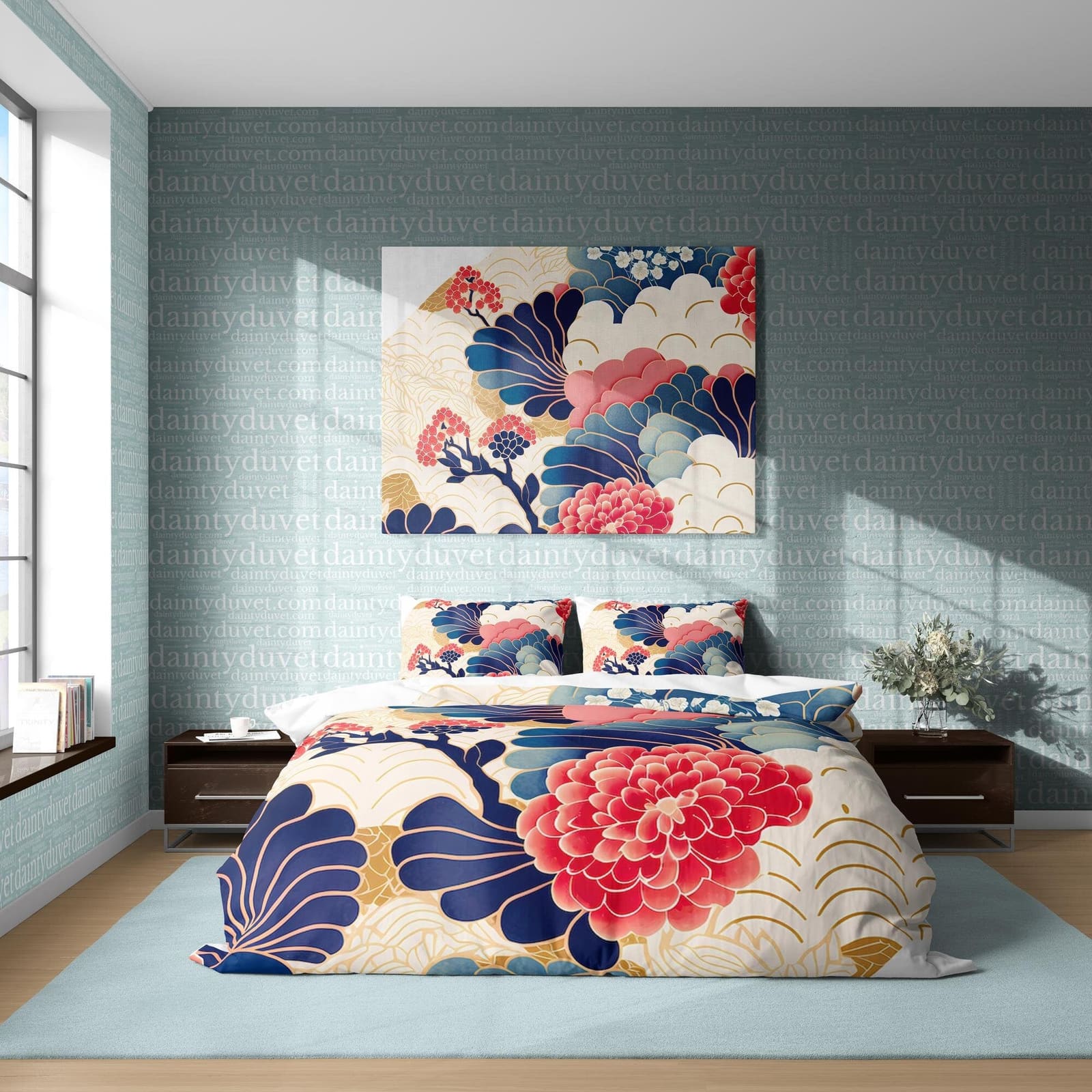 Red Dahlia Duvet Cover Oriental Pattern Quilt Cover, Floral Bedding Set Plant Lover Room Blanket Cover, Girls Bedroom Bed…