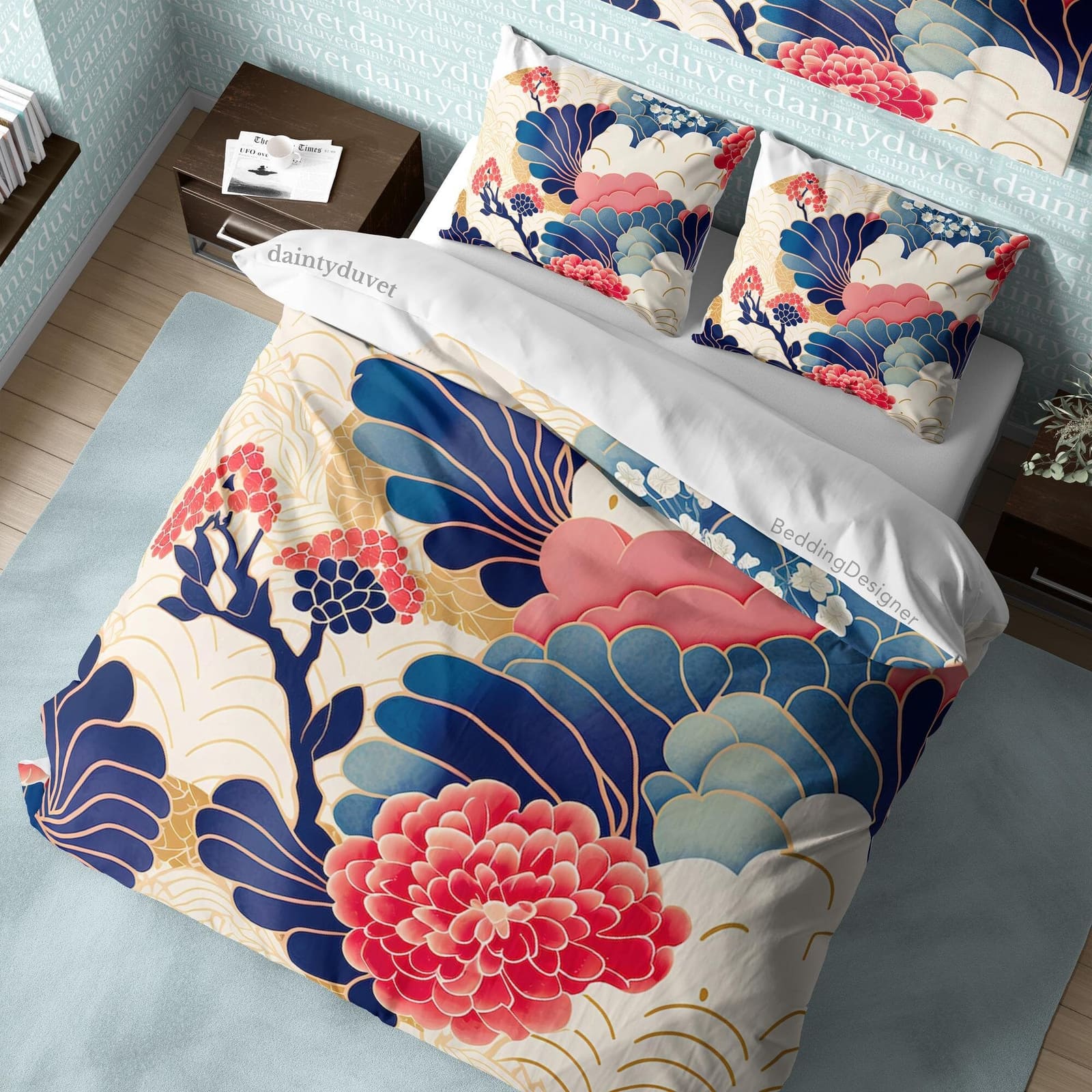 Red Dahlia Duvet Cover Oriental Pattern Quilt Cover, Floral Bedding Set Plant Lover Room Blanket Cover, Girls Bedroom Bed…