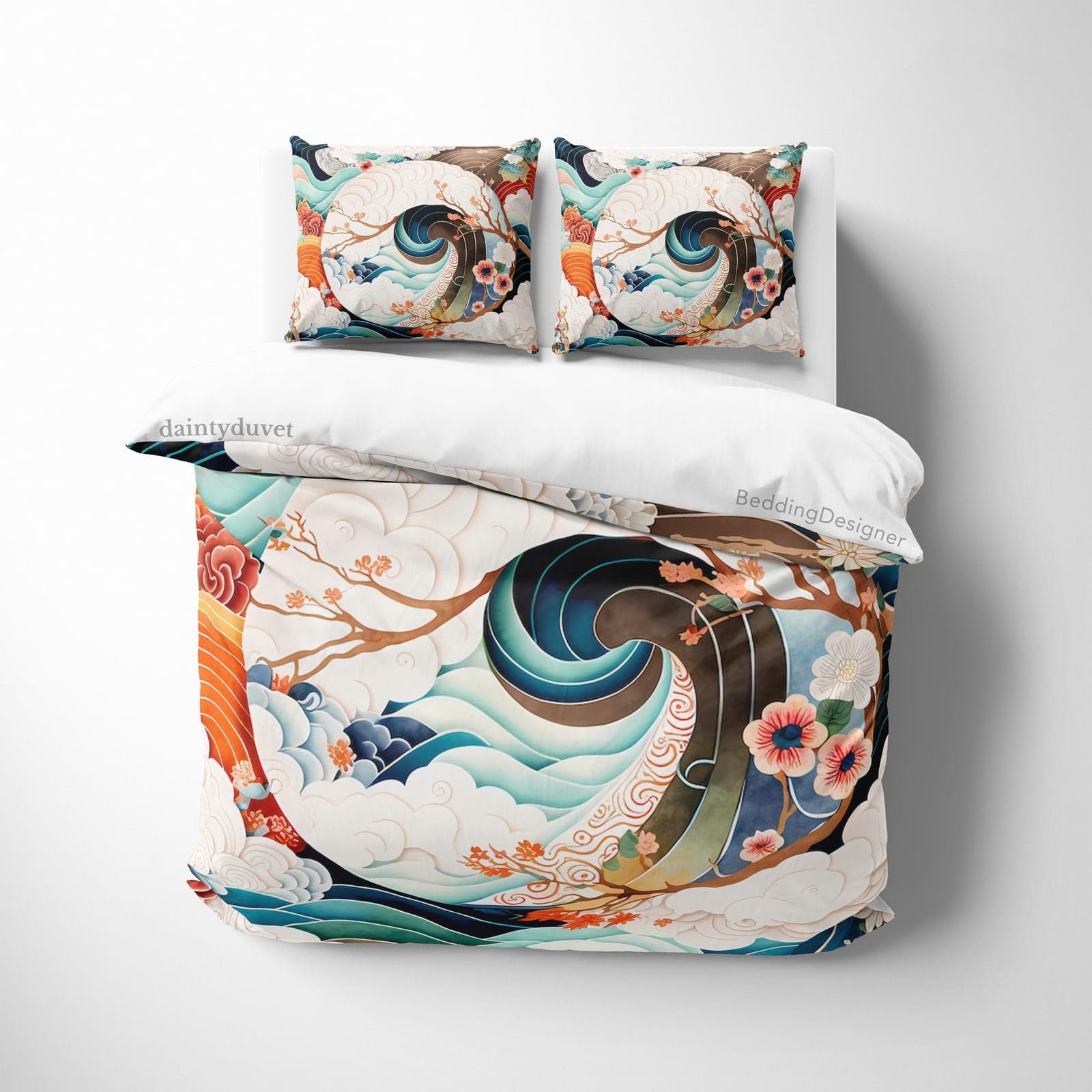 Great Wave Duvet Cover Japanese Pattern Quilt Cover, Cherry Blossom Bedding Set Oriental Pattern Blanket Cover, Girly Bedr…