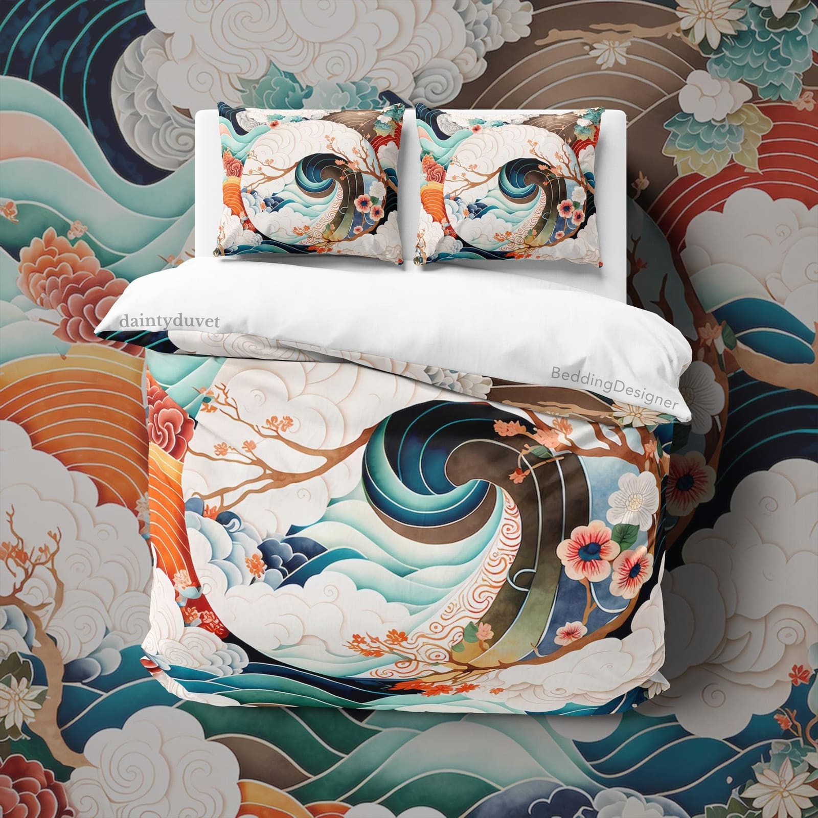 Great Wave Duvet Cover Japanese Pattern Quilt Cover, Cherry Blossom Bedding Set Oriental Pattern Blanket Cover, Girly Bedr…