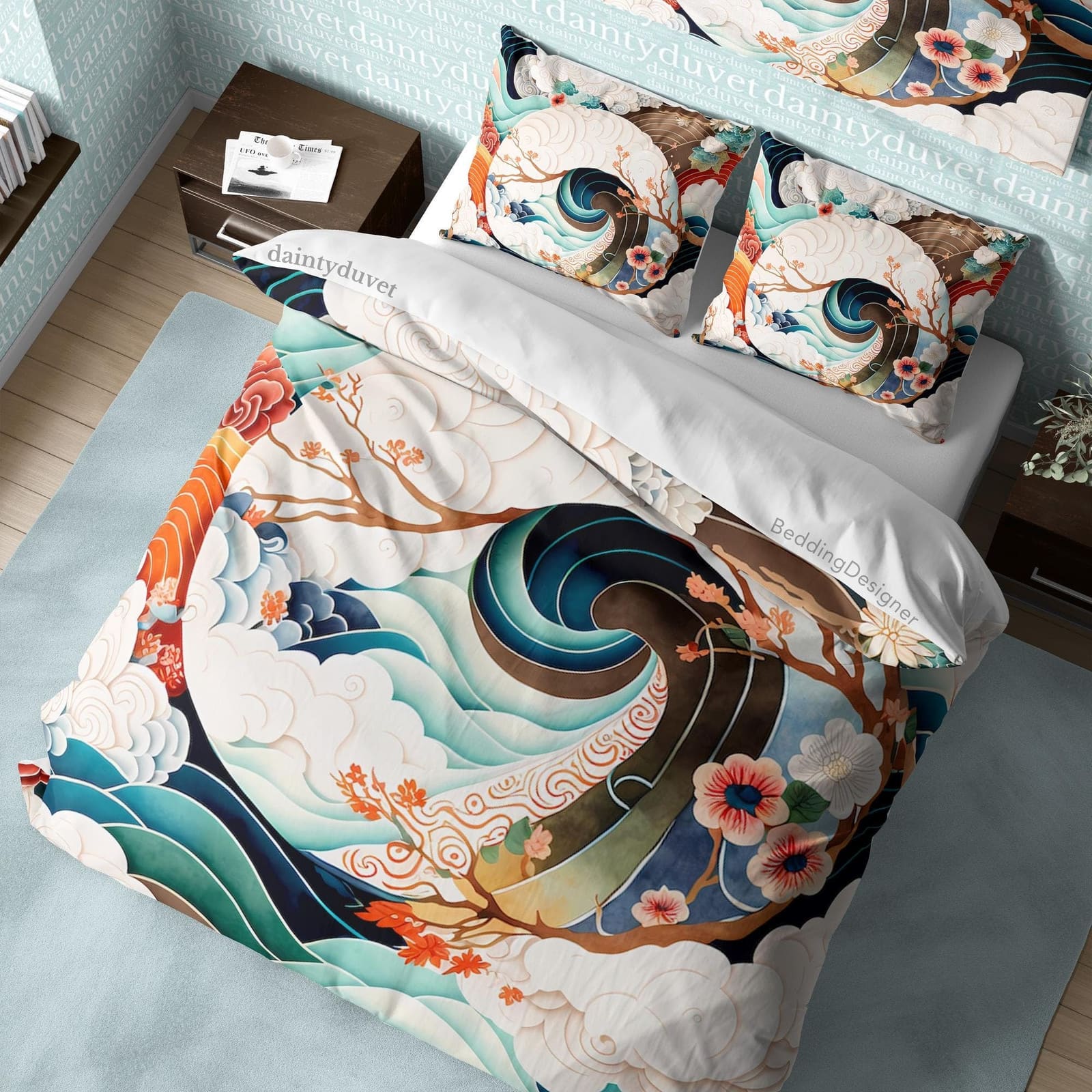 Great Wave Duvet Cover Japanese Pattern Quilt Cover, Cherry Blossom Bedding Set Oriental Pattern Blanket Cover, Girly Bedr…