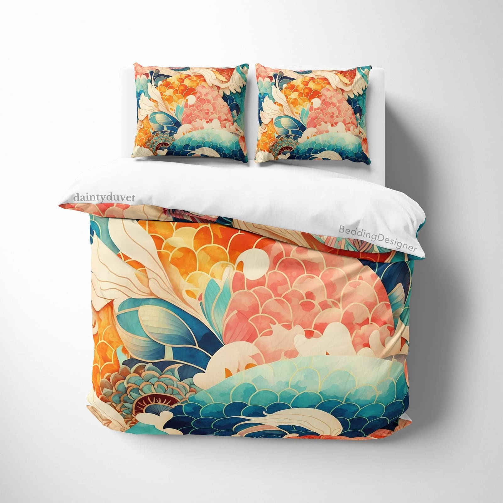 Colorful Fish Scale Quilt Cover Japanese Bedding Set, Cotton Duvet Cover Oriental Pattern Bedspread, Adults Bedroom Blanke…