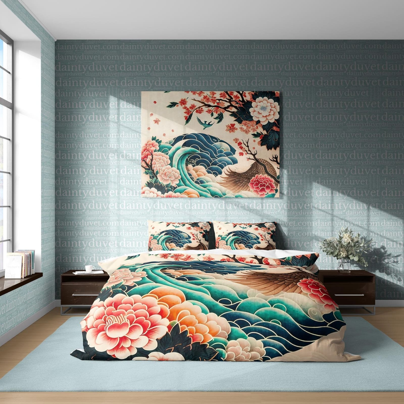 Bird Wing Duvet Cover Great Wave Quilt Cover, Japanese Art Bedding Set Camellia Blanket Cover, Floral Bedspread Girls Room…