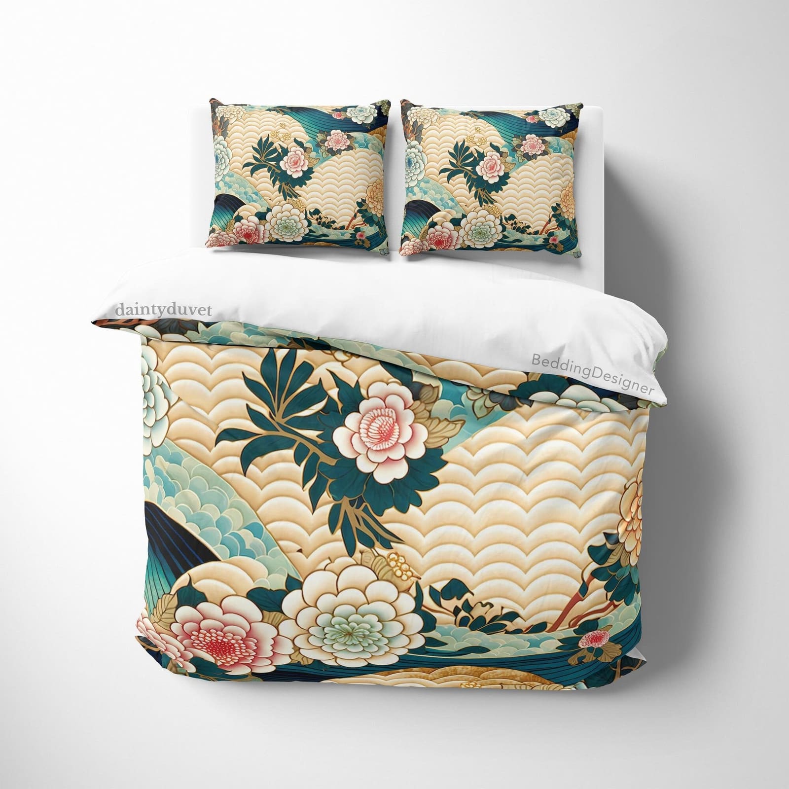 Oriental Pattern Duvet Cover Fish Scale Quilt Cover, Great Wave Bedding Set Chrysanthemum Bedspread, Japanese Pattern Blan…