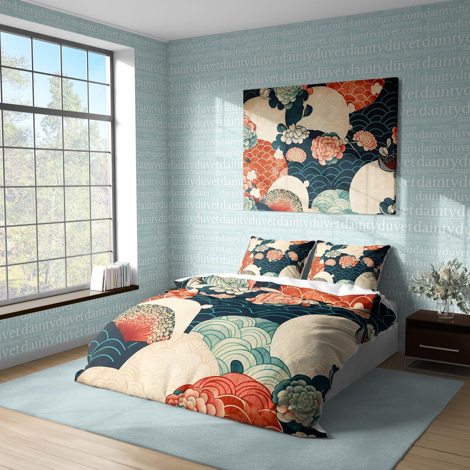 Wavy Duvet Cover Oriental Pattern Quilt Cover, Japanese Pattern Bedding Set Chrysanthemum Blanket Cover, Girly Bedroom Bed…