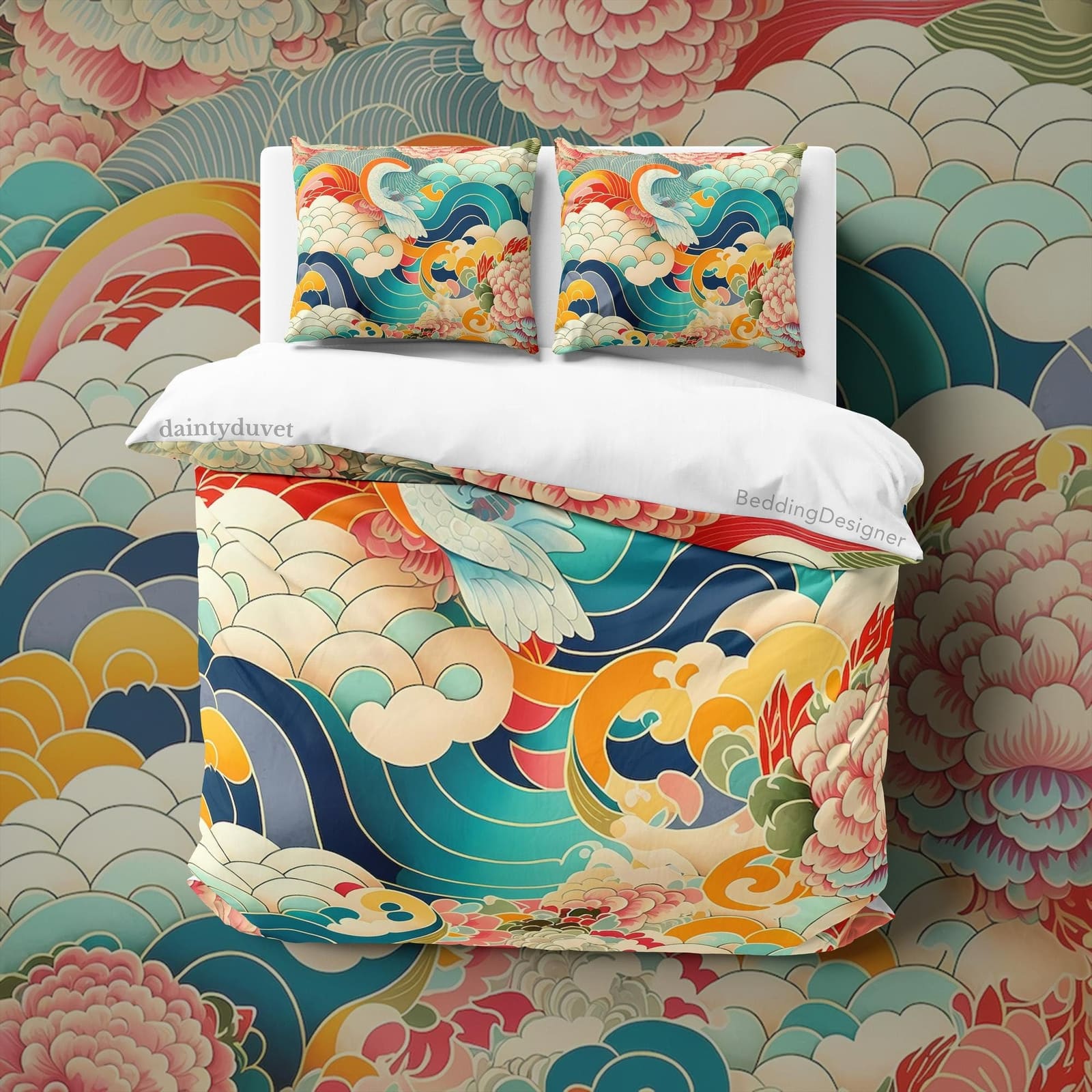Great Wave Duvet Cover Japanese Flower Quilt Cover, Chrysanthemum Bedding Set Colorful Blanket Cover, Unique Bedspread Adu…