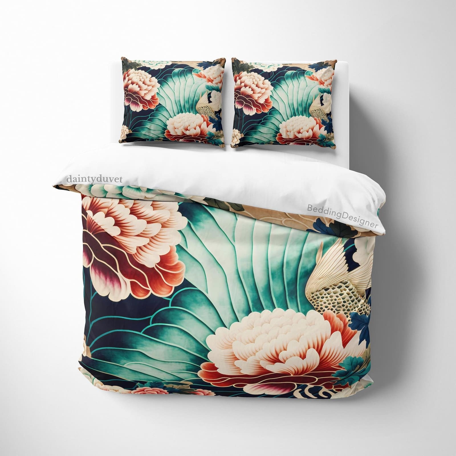 Japanese Flower Duvet Cover Pink Chrysanthemum Quilt Cover, Oriental Pattern Bedding Set Green Blanket Cover, Japanese Art…