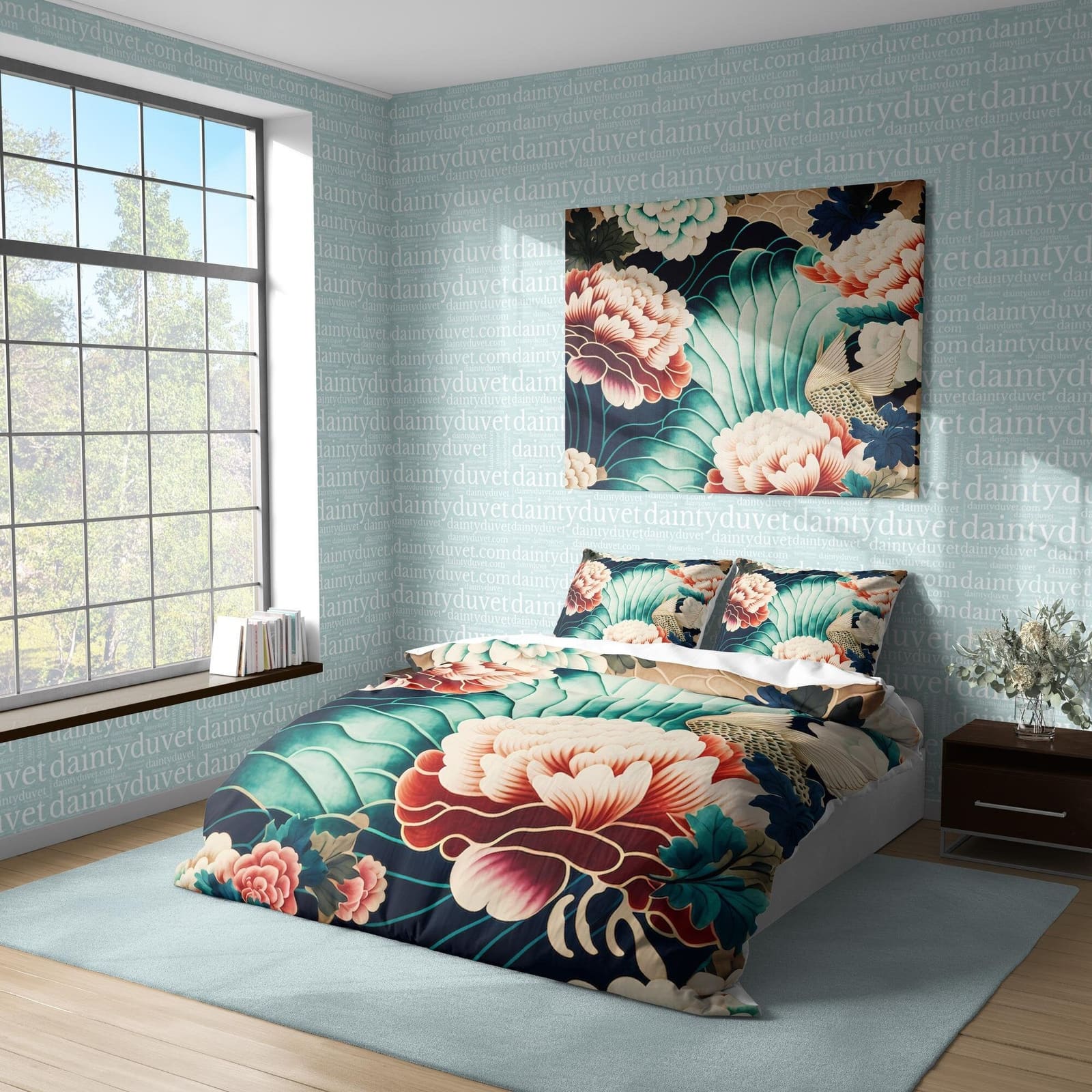 Japanese Flower Duvet Cover Pink Chrysanthemum Quilt Cover, Oriental Pattern Bedding Set Green Blanket Cover, Japanese Art…
