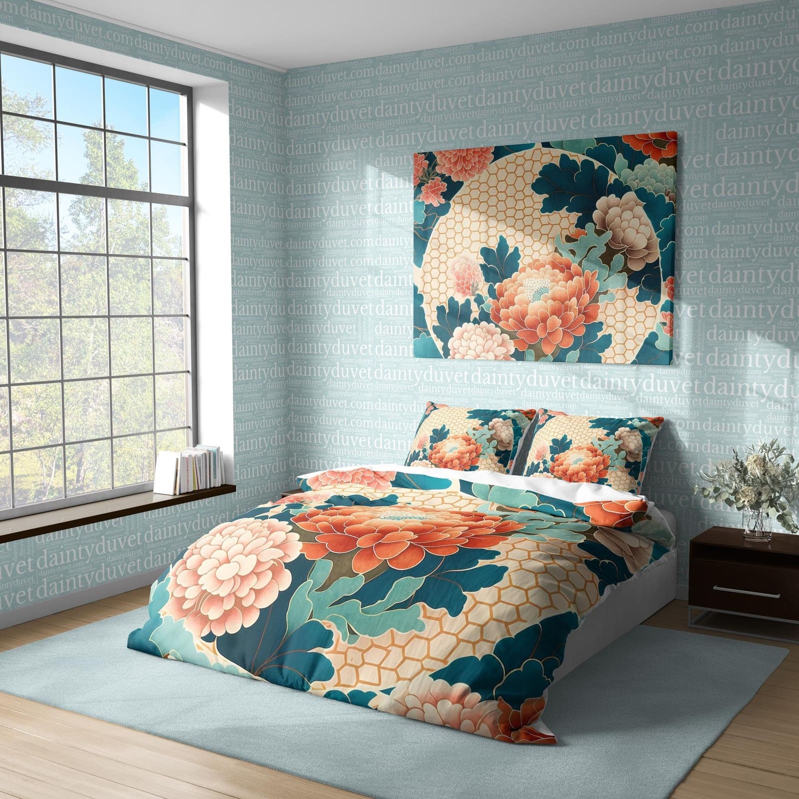 Blossoming Flower Duvet Cover Vibrant Red Floral Quilt Cover, Japanese Pattern Bedding Set Chrysanthemum Blanket Cover, Gi…