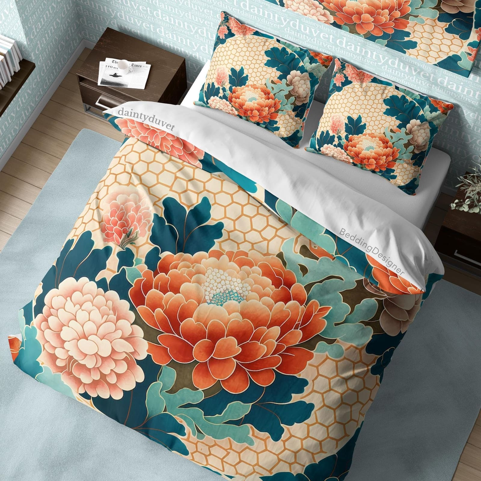 Blossoming Flower Duvet Cover Vibrant Red Floral Quilt Cover, Japanese Pattern Bedding Set Chrysanthemum Blanket Cover, Gi…