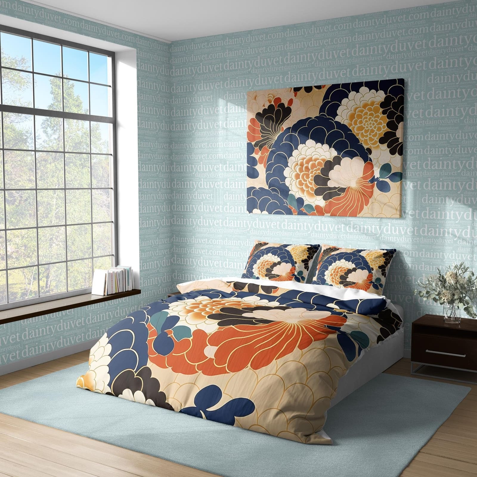 Blue Japanese Pattern Duvet Cover Chrysanthemum Flower Quilt Cover, Colorful Bedding Set Teens Room Blanket Cover, Adults…