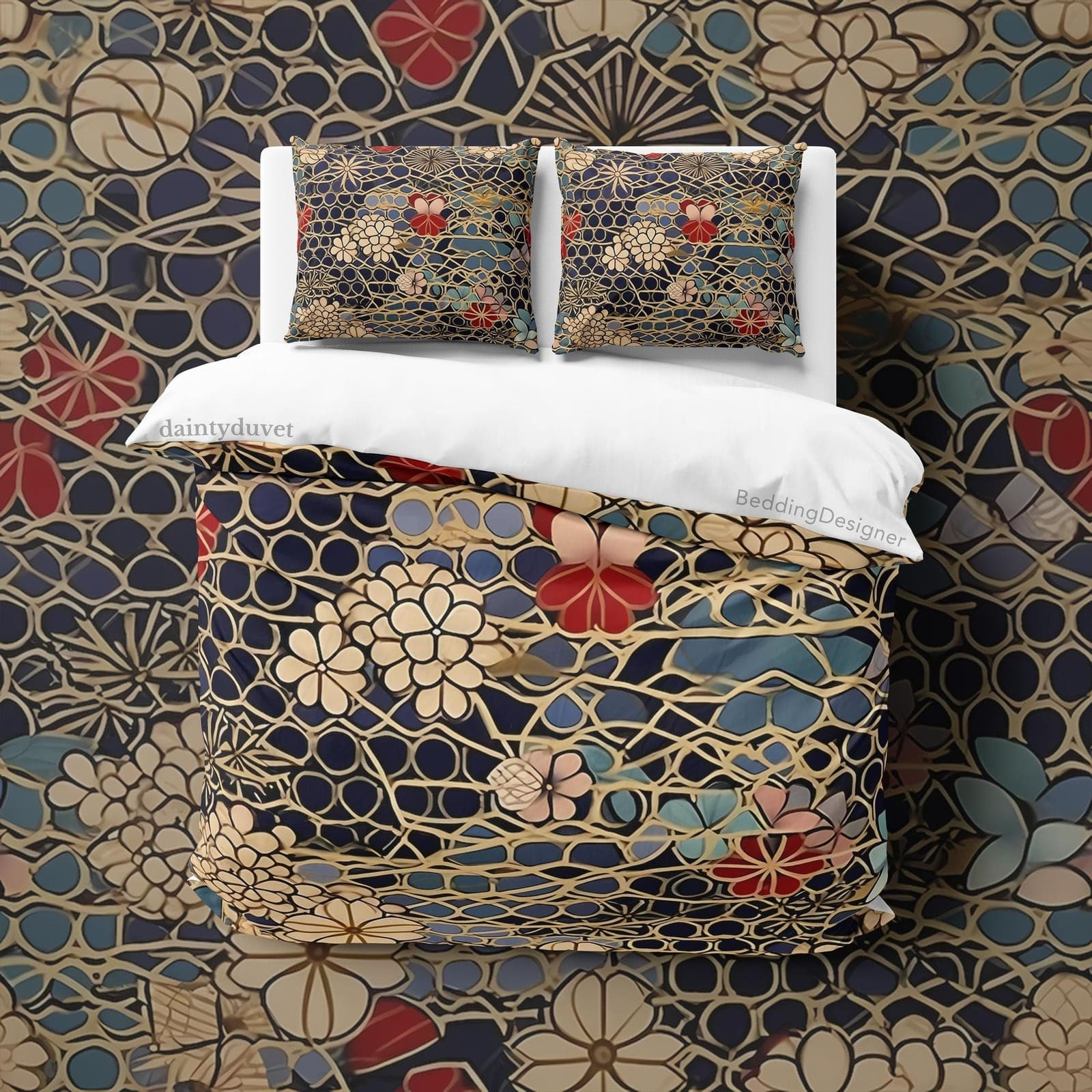 Golden Flower Duvet Cover Japanese Pattern Quilt Cover, Cherry Blossom Bedding Set Adults Bedroom Bedspread, Retro Blanket…